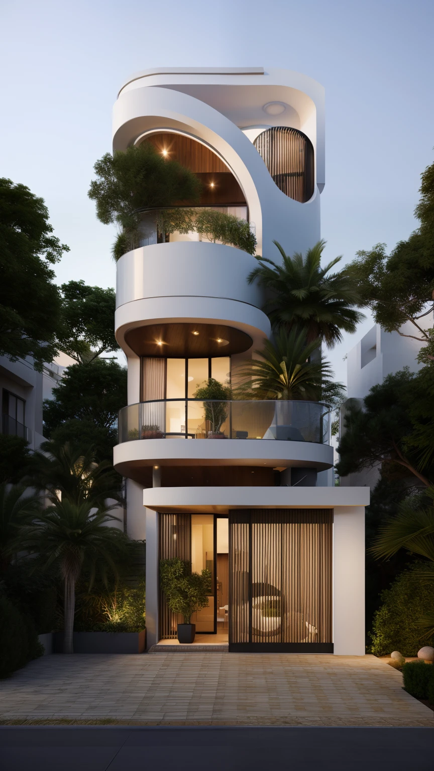 a rendering of a modern house with a circular balcony and a balcony, concept house, architectural visualisation, award-winning render, realistic architecture, rounded architecture, architectural render, high quality rendering, precise architectural rendering, highly rendered!!, very realistic 3 d render, stunning render, architectural visualization, realistic concept, a photorealistic rendering, exterior design, professional render, ultra modern