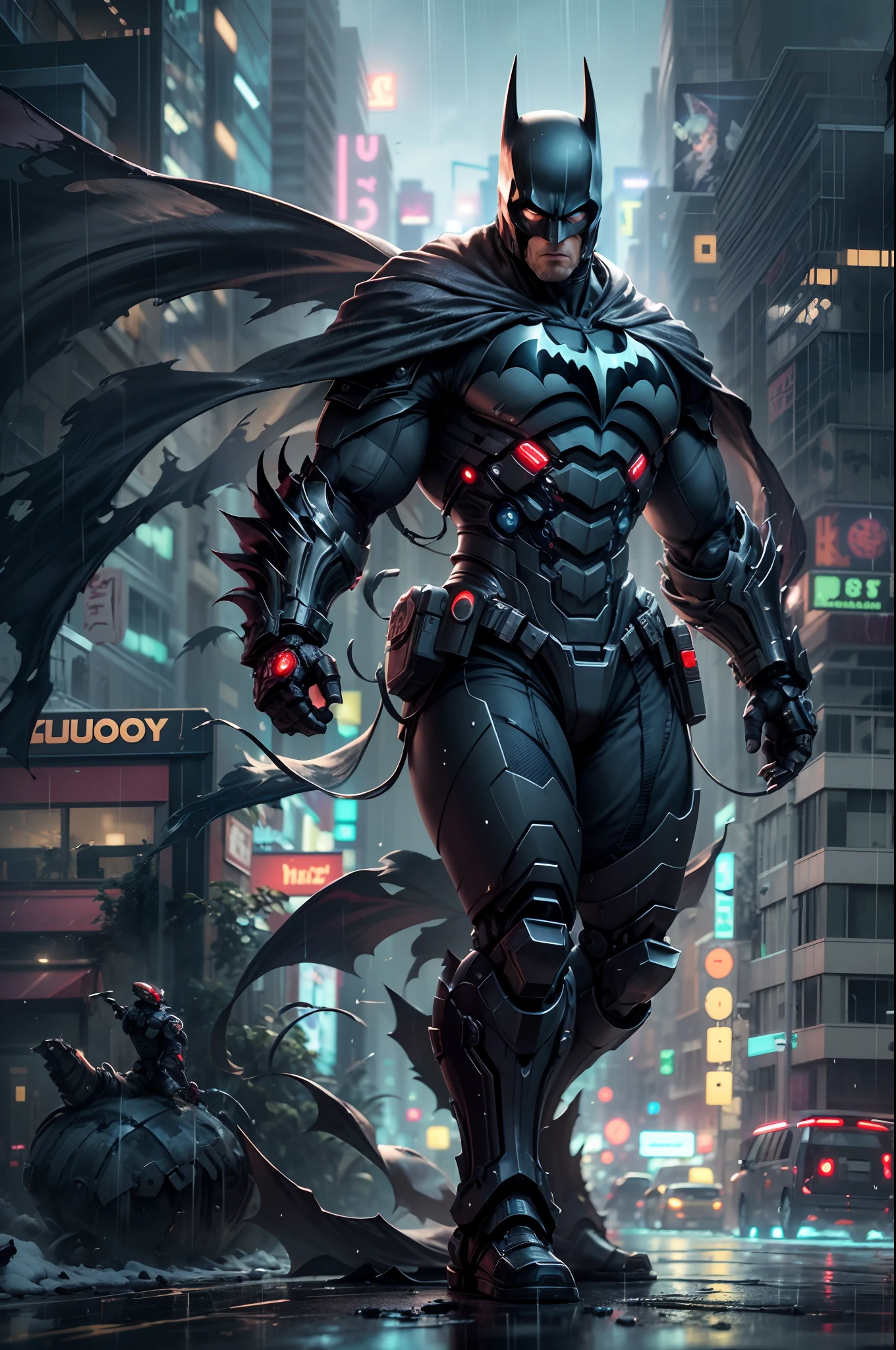 (best quality,4k,8k,highres,masterpiece:1.2),ultra-detailed,(realistic,photorealistic,photo-realistic:1.37), Batman,bat symbol at the chest, front view, looking at viewer,Dark_Fantasy,Cyberpunk,1man,Mechanical marvel,Robotic presence,Cybernetic guardian,batman,metallic armor,glowing eyes, dystopian cityscape,high-tech gadgets, intense action, shadowy alleyways,futuristic technology,neon lights, skyscrapers giving way to darkness, hacking into systems,protecting the innocent, adrenaline rush, grim and mysterious atmosphere,hard-hitting combat, advanced weaponry, cyborg enhancements,exoskeleton, rain-soaked streets, nightmarish creatures lurking in the shadows, a man forged by both man and machine, the savior in this futuristic world, ready to fight for justice with his unparalleled skills, full of determination and a touch of enigma, a symbol of hope amidst chaos, his presence alone strikes fear into the hearts of criminals, a silhouette against the neon-lit skyline, a blend of man and machine, a dark knight of the cybernetic era.