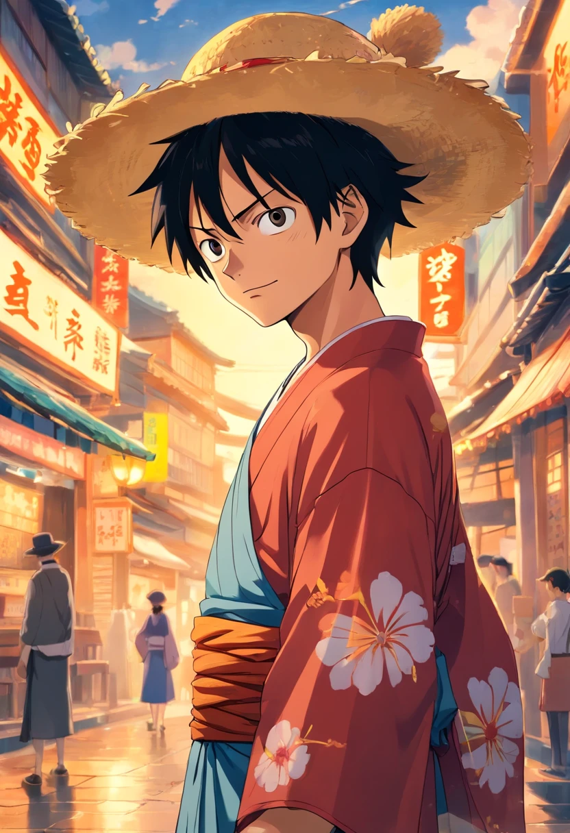 A man in a hat and kimono stands in front of a painting...., inspirado em Eiichiro Oda, Estilo Eiichiro Oda, Estilo de Eiichiro Oda, autor:Joichiro Oda, inspirado em Okumura Masanobu, Uma capa de anime, Luffy, arte oficial do anime, Luffy (one piece, autor:Tite Kubo, style a piece