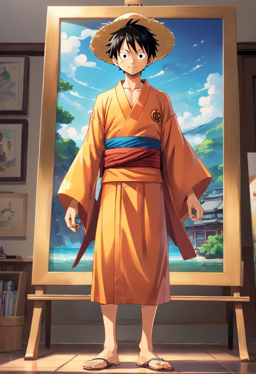 A man in a hat and kimono stands in front of a painting...., inspirado em Eiichiro Oda, Estilo Eiichiro Oda, Estilo de Eiichiro Oda, autor:Joichiro Oda, inspirado em Okumura Masanobu, Uma capa de anime, Luffy, arte oficial do anime, Luffy (one piece, autor:Tite Kubo, style a piece