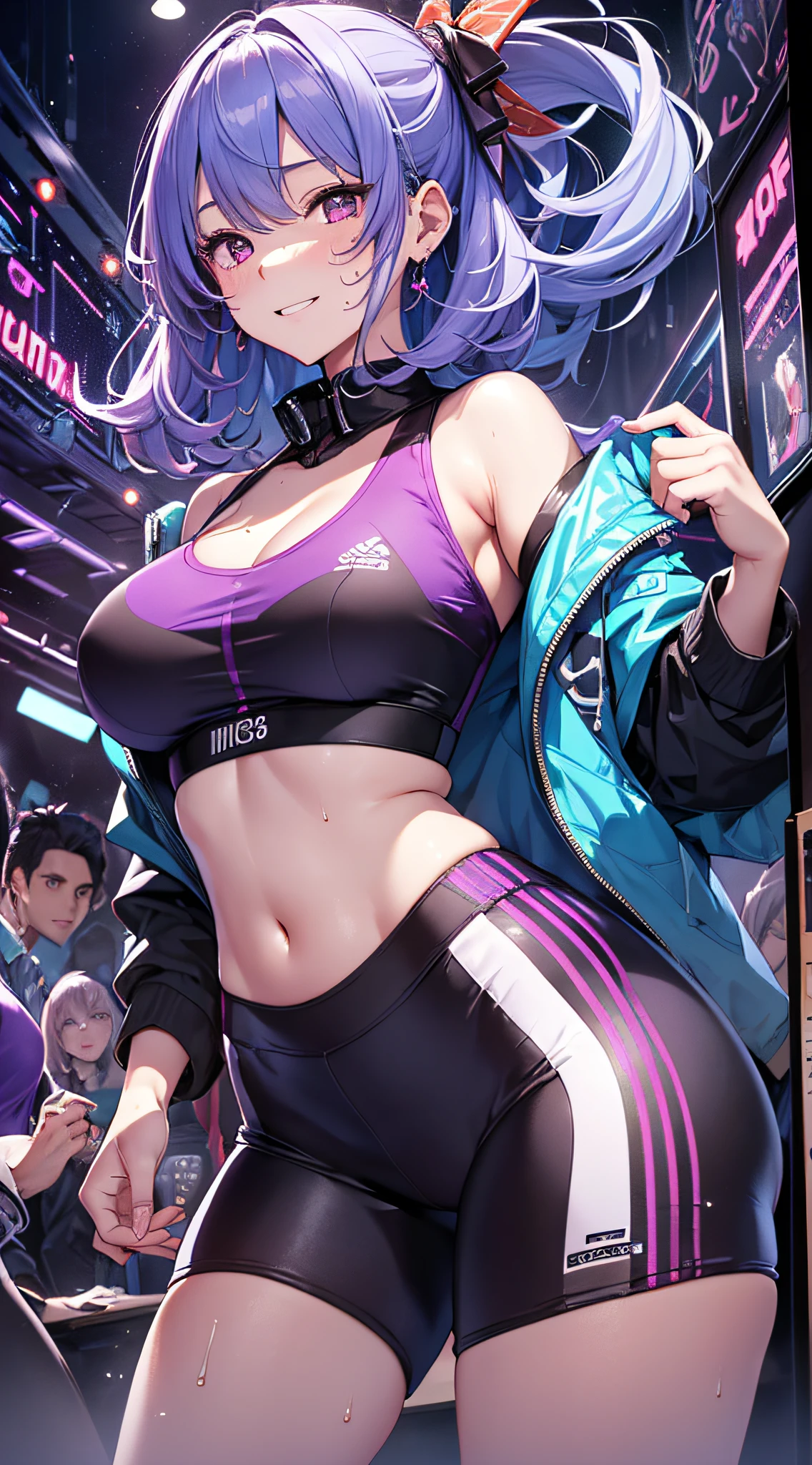 ((Masterpiece)), best quality, absurderes, ultra detailed, holographic, cowboy shot, golden ratio, super cute girl, mature girl, idol girl, super beautiful asian girl with very beautiful violet glowing eyes, beautiful glowing brown multicolored hair, high ponytail, nice and sexy body, slim body, perfect body, wearing a super tight anime printed leotard, an anime printed super tight off shoulder long sleeve crop top, a super aesthetic transparent mini jacket, beautiful hair ornament, pink jordan tennis, being photographed in a mall shop with her handsome skinny boyfriend, with messy black hair and super aesthetic outfit