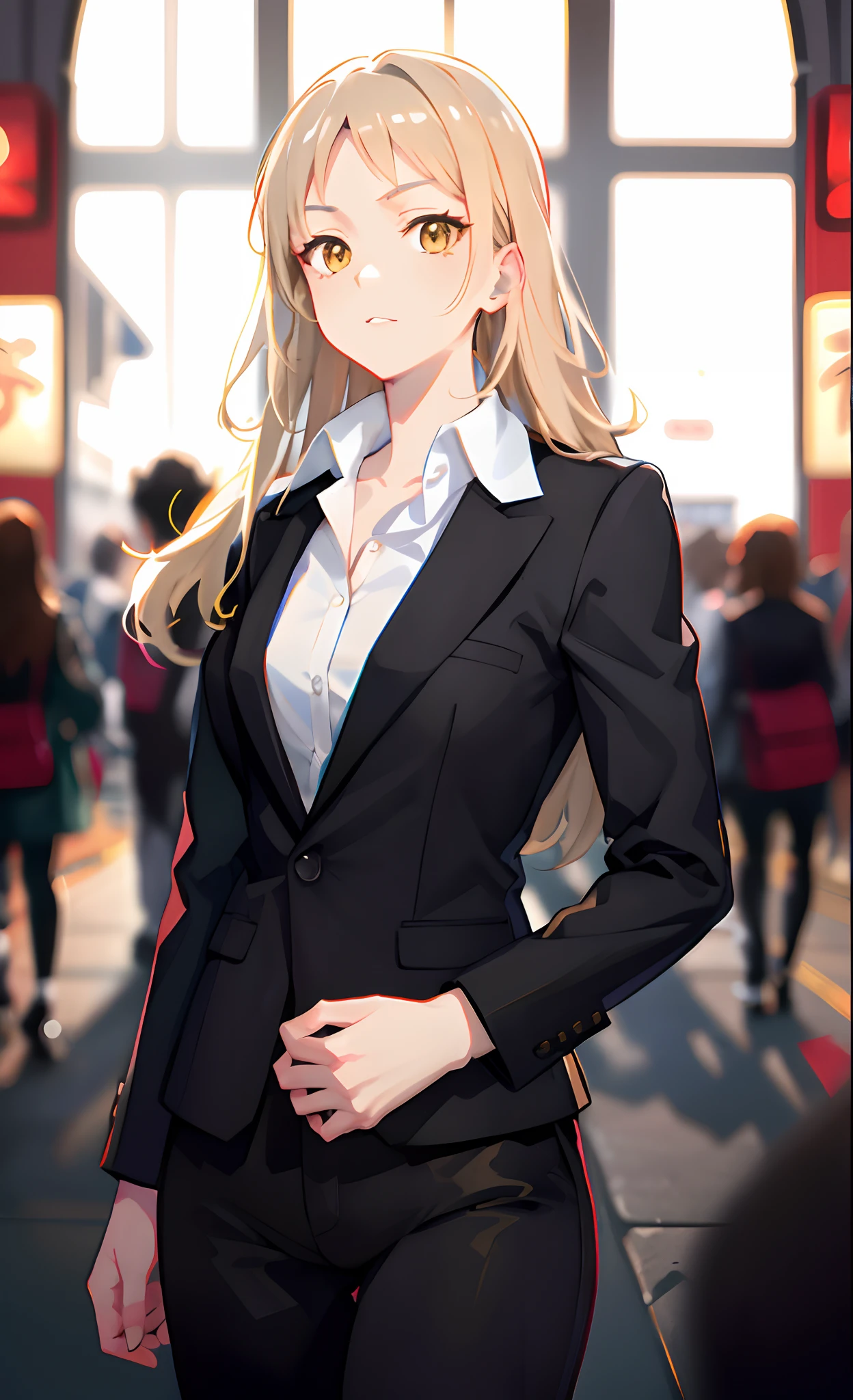 anime - style image of a woman in a business suit standing in a crowded area, girl in a suit, girl in suit, fine details, dark blonde hair, anime girl with long hair, painted in anime painter studio, well - dressed, smooth anime cg art, detailed digital anime art, in a strict suit, digital anime illustration, yellow eyes, serious face, 4k resolution