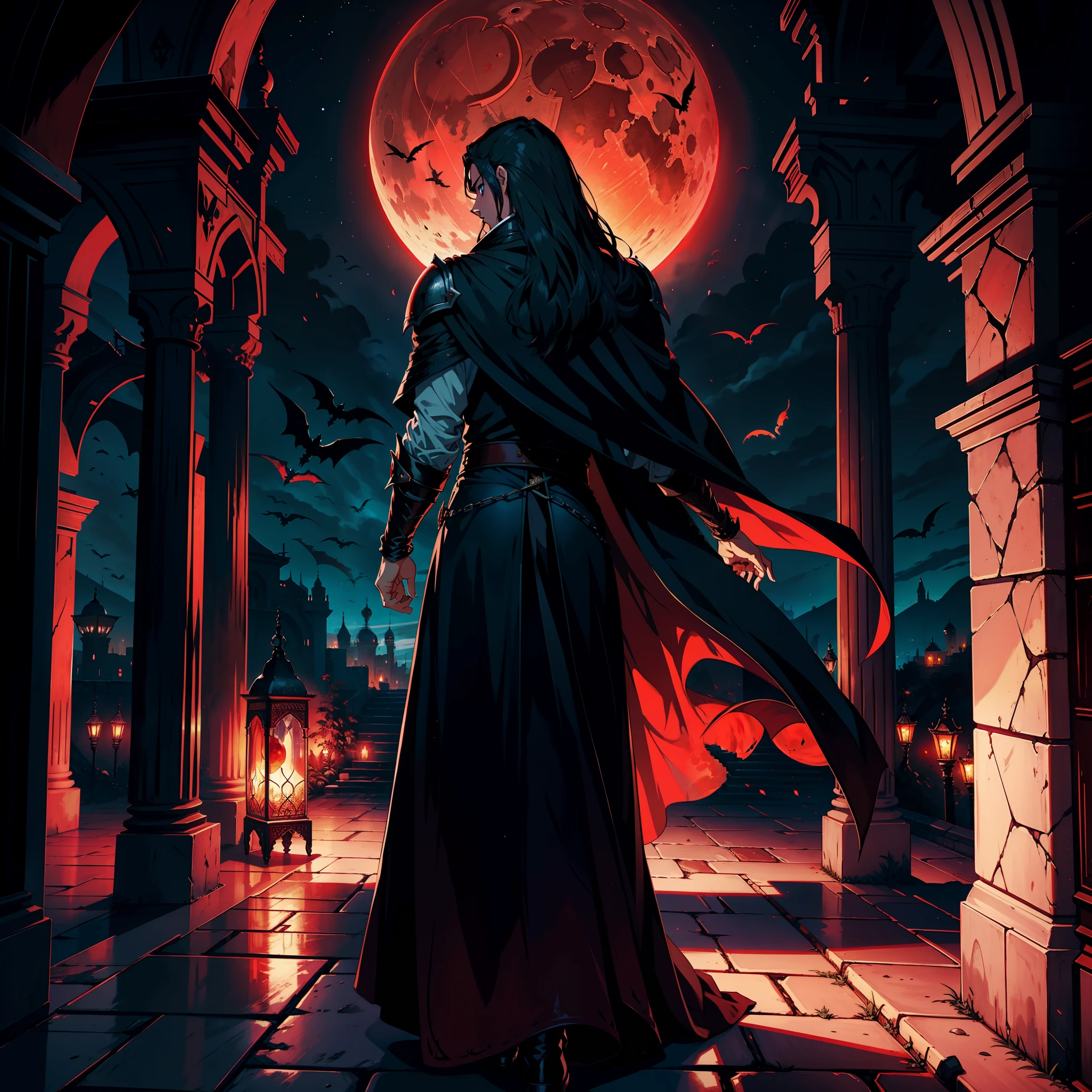 Castlevania lord of the shadows hyper realistic super detailed moroccan environnement with red Moon shining