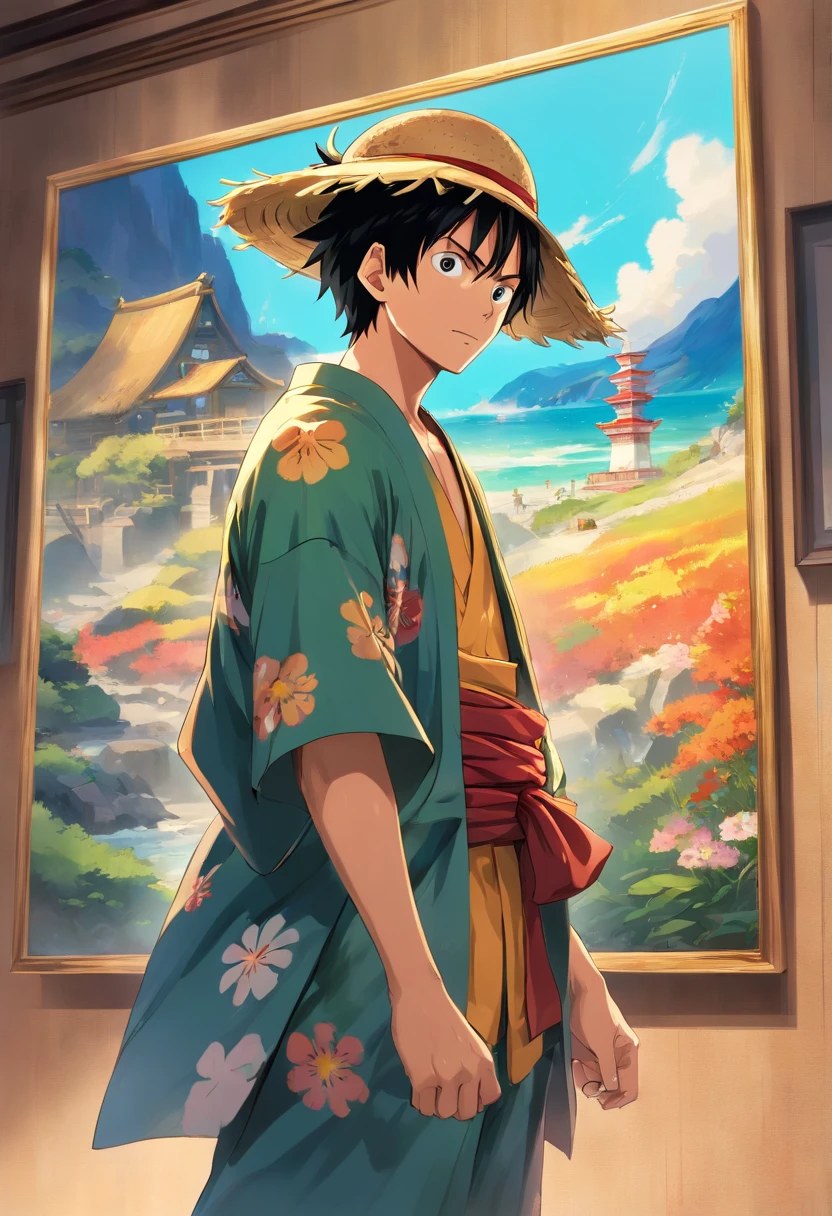 A man in a hat and kimono stands in front of a painting...., inspirado em Eiichiro Oda, Estilo Eiichiro Oda, Estilo de Eiichiro Oda, autor：Joichiro Oda, inspirado em Okumura Masanobu, Uma capa de anime, Luffy, arte oficial do anime, Luffy (one piece, autor：Tite Kubo, style a piece, gear5