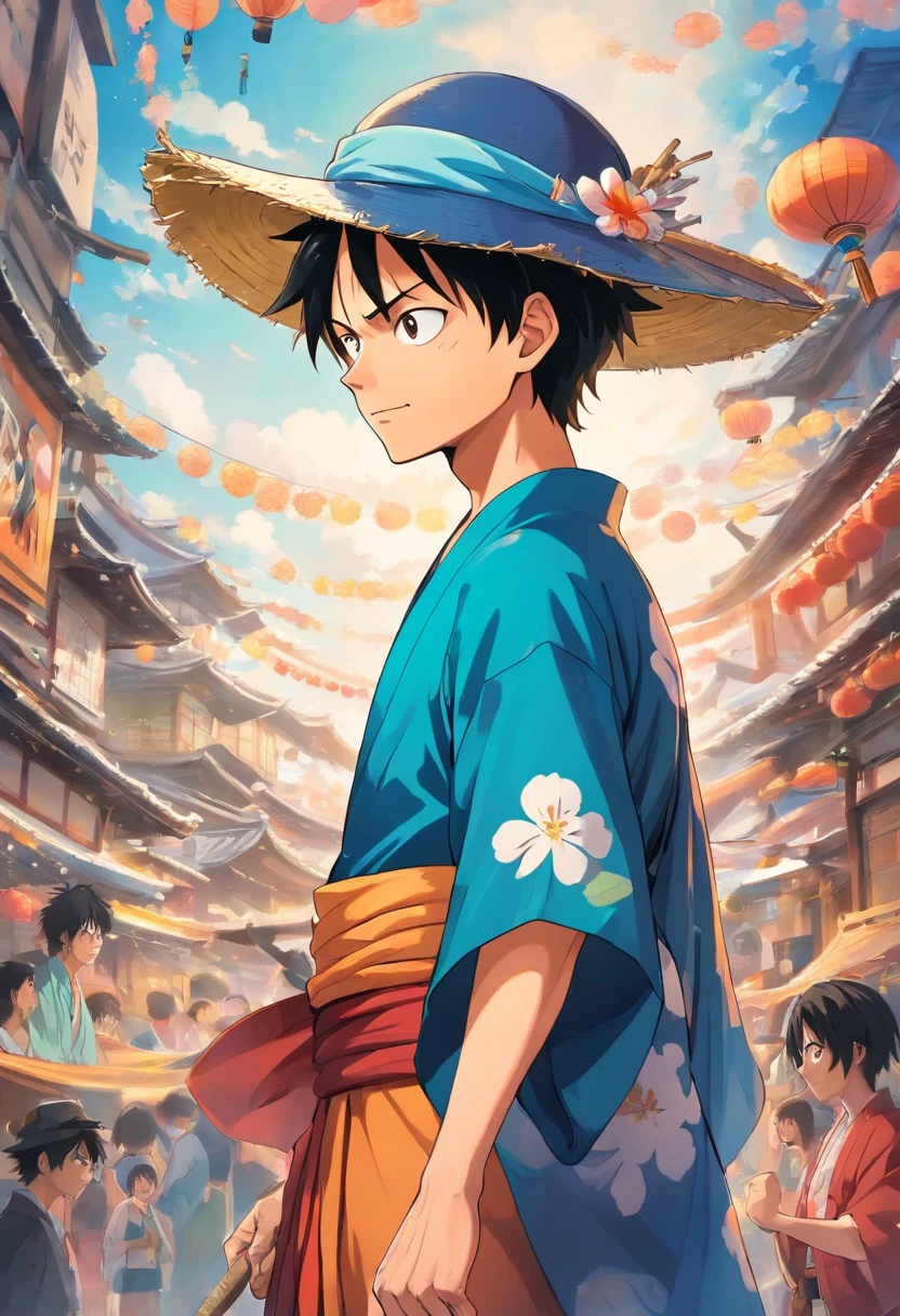 A man in a hat and kimono stands in front of a painting...., inspirado em Eiichiro Oda, Estilo Eiichiro Oda, Estilo de Eiichiro Oda, autor：Joichiro Oda, inspirado em Okumura Masanobu, Uma capa de anime, Luffy, arte oficial do anime, Luffy (one piece, autor：Tite Kubo, style a piece, gear5
