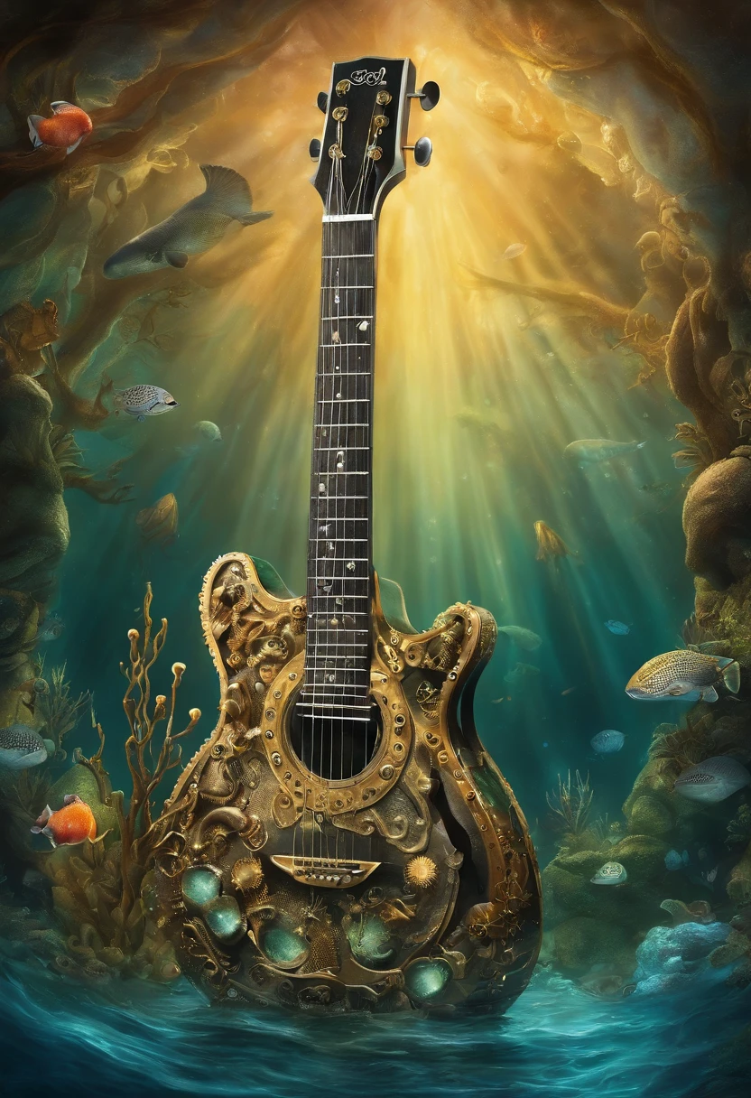 {{A captivating depiction of the electric guitar}} Submerged in water, Bubbles are rising around it. This is、It is an image inspired by an underwater fantasy that showcases the beauty of the guitar in an unusual setting. environment/The background is、To create a dreamy and surreal atmosphere、Must be an underwater world with colorful coral reefs. Images should be in the style of digital painting, Incorporate elements of underwater fantasy art. up close shot, Shot with a macro lens, Provides an intimate and captivating view of the guitar's intricate details and underwater plants. Lighting should be airy, Emphasizing the play of light through the water and the design of the guitar. The required level of detail is、It is higher in high resolution, Emphasizing the otherworldly qualities of the guitar. The goal is、It is about creating captivating images that take the viewer to a captivating underwater area