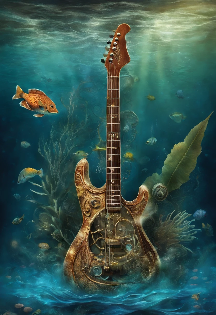 {{A captivating depiction of the electric guitar}} Submerged in water, Bubbles are rising around it. This is、It is an image inspired by an underwater fantasy that showcases the beauty of the guitar in an unusual setting. environment/The background is、To create a dreamy and surreal atmosphere、Must be an underwater world with colorful coral reefs. Images should be in the style of digital painting, Incorporate elements of underwater fantasy art. up close shot, Shot with a macro lens, Provides an intimate and captivating view of the guitar's intricate details and underwater plants. Lighting should be airy, Emphasizing the play of light through the water and the design of the guitar. The required level of detail is、It is higher in high resolution, Emphasizing the otherworldly qualities of the guitar. The goal is、It is about creating captivating images that take the viewer to a captivating underwater area
