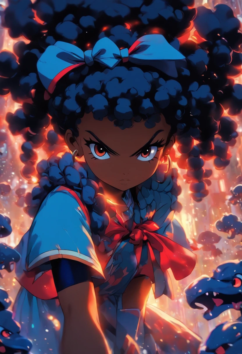  gorda, standingn, menina black braids, vestindo vestido todo azul, wearing a red bow on his head, olhos castanhos brilhantes, pele muito escura, sorriso timido, segurando uam bolsa amarela,
