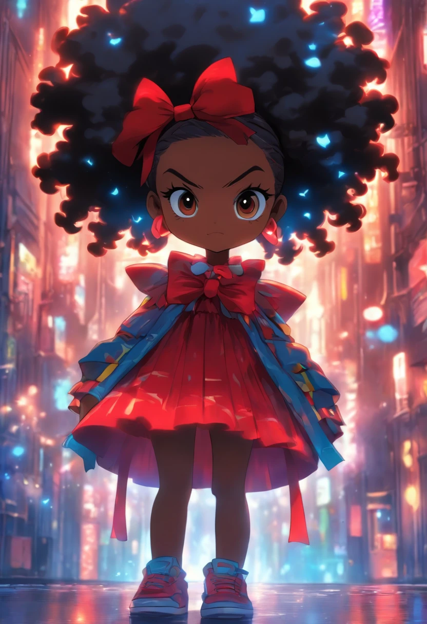 gorda, standingn, menina black braids, vestindo vestido todo azul, wearing a red bow on his head, olhos castanhos brilhantes, pele muito escura, sorriso timido, segurando uam bolsa amarela,
