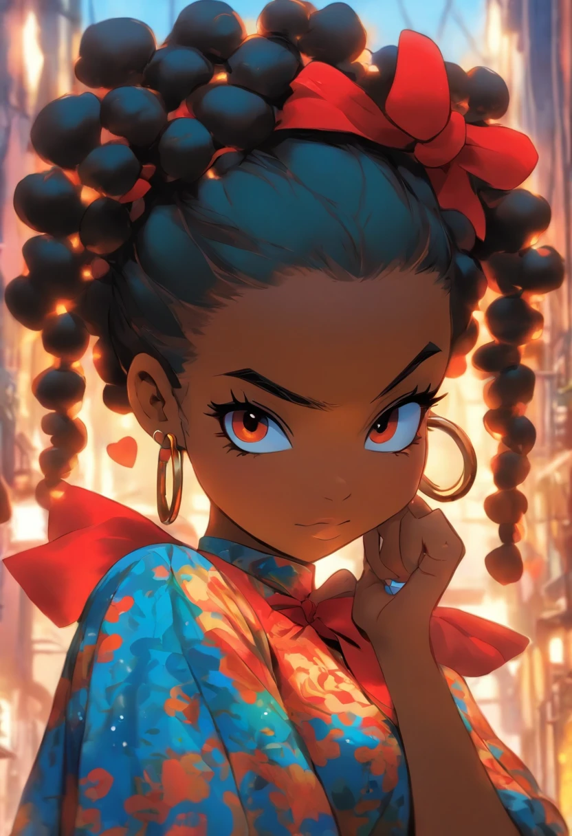 Menina gorda, standingn, menina afro, black braids, vestindo vestido todo azul, wearing a red bow on his head, olhos castanhos brilhantes, pele muito escura, sorriso timido, segurando uam bolsa amarela,