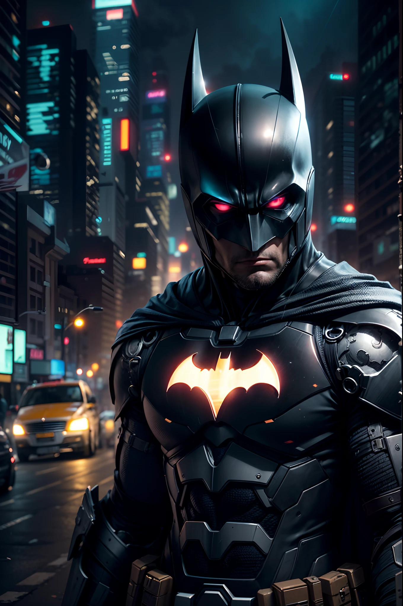(best quality,4k,8k,highres,masterpiece:1.2),ultra-detailed,(realistic,photorealistic,photo-realistic:1.37), Batman,bat symbol at the chest, front view, looking at viewer,Dark_Fantasy,Cyberpunk,1man,Mechanical marvel,Robotic presence,Cybernetic guardian,batman,metallic armor,glowing eyes, dystopian cityscape,high-tech gadgets, intense action, shadowy alleyways,futuristic technology,neon lights, skyscrapers giving way to darkness, hacking into systems,protecting the innocent, adrenaline rush, grim and mysterious atmosphere,hard-hitting combat, advanced weaponry, cyborg enhancements,exoskeleton, rain-soaked streets, nightmarish creatures lurking in the shadows, a man forged by both man and machine, the savior in this futuristic world, ready to fight for justice with his unparalleled skills, full of determination and a touch of enigma, a symbol of hope amidst chaos, his presence alone strikes fear into the hearts of criminals, a silhouette against the neon-lit skyline, a blend of man and machine, a dark knight of the cybernetic era.