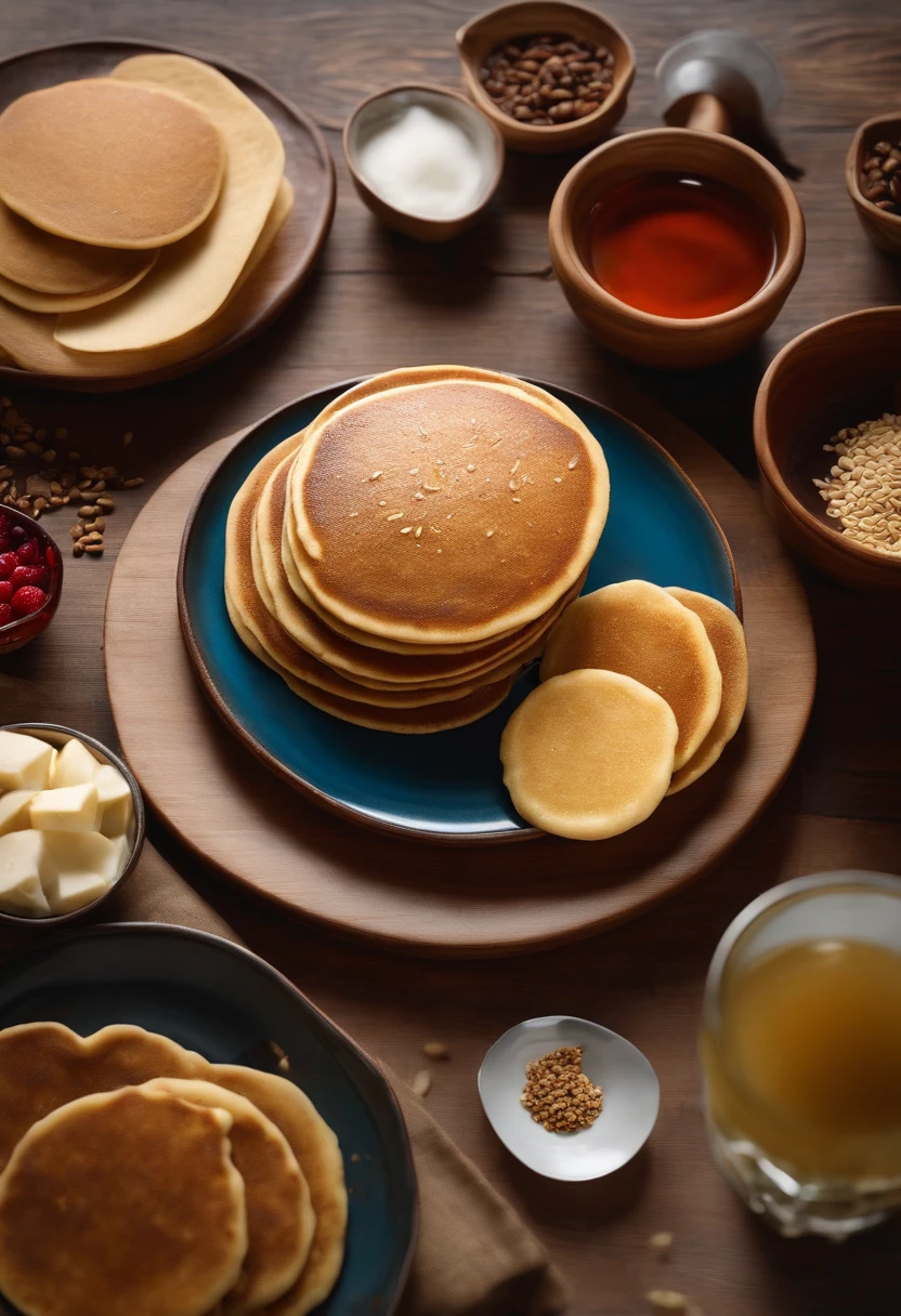 On a wooden table, there are many tempting sesame pancakes,