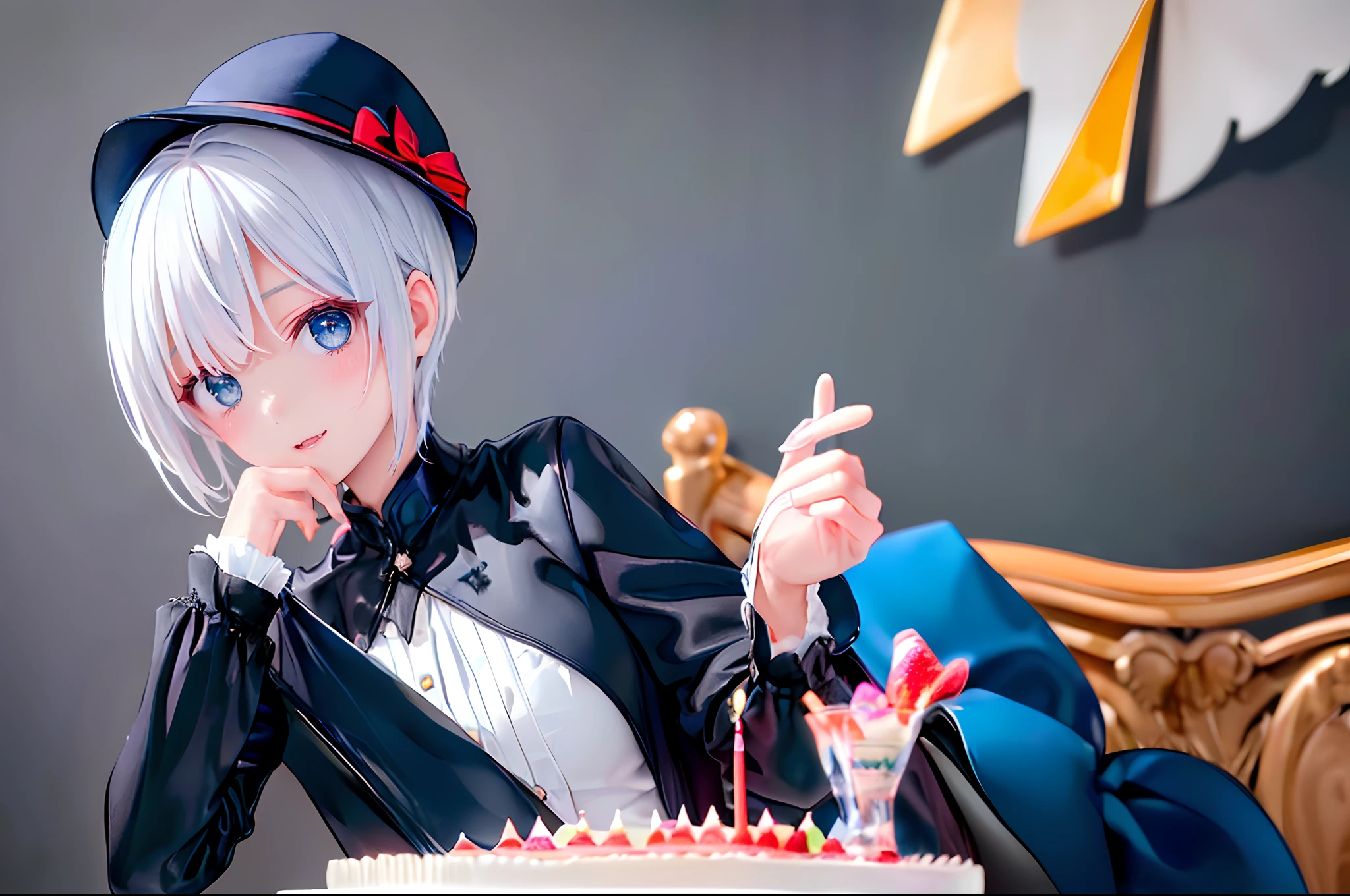 ((4K works))、masterpiece、(top-quality)、One Beautiful Girl、Slim body、tall、((Cool gothic fashion with long sleeve long pants))、((Wearing a triangular birthday hat))、(Detailed beautiful eyes)、In a stylish English room、Birthday Party、((Face similar to Carly Rae Jepsen))、((Short-haired white hair))、((Smaller face))、((Neutral face))、((Bright blue eyes))、((American adult women))、((Adult female 26 years old))、((cool lady))、((Like a celebrity))、((joyous expression))、((Korean Makeup))、((elongated and sharp eyes))、((Happy dating))、((boyish))、((Upper body photography))、Professional Photos、(((Shot alone)))、((Solo Photography))、((She is sitting at the table))、((There is a stylish birthday cake on the table.))