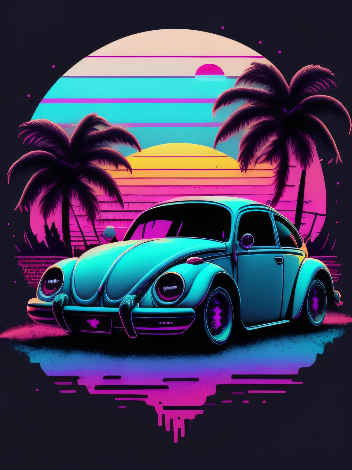 A Beetle in front of the sunset, Estilo Vaporwave, Estilo neon, linhas suaves, arte de adesivo vetorial, vector kernel, detalhes intrincados, design de camiseta preta, 8k