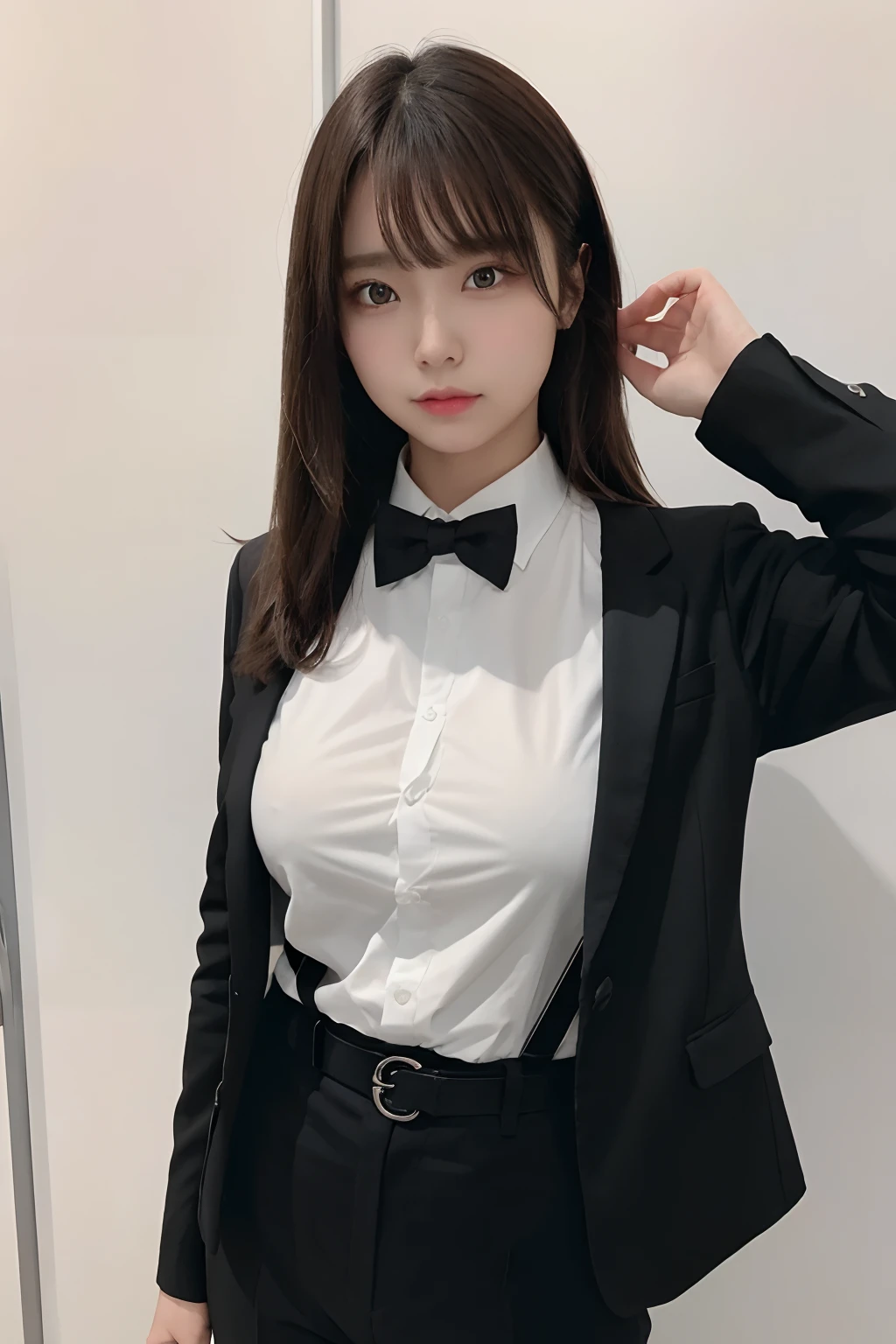 ​masterpiece、flat-colors、depth of fields、lens flare 1 girl、、Brown hair、watching at viewers　　　　a belt　black suspenders　Social OL　　　Too large breasts　　　 　 Armpit sweat　perspiring　Side of both hands　　walls: Black Suit　Black pants, Black jacket