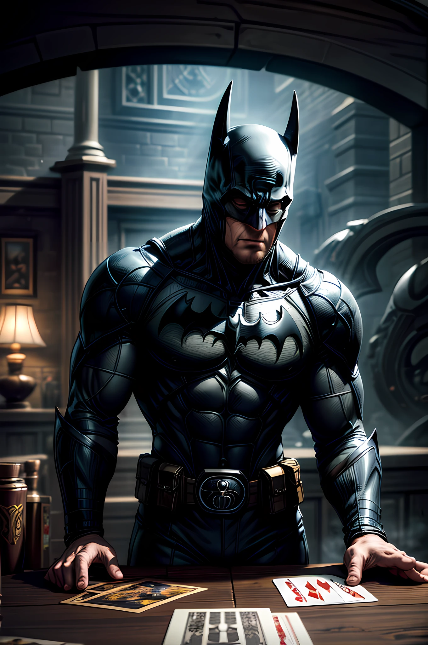igh details, best quality, 16k, [ultra detailed], masterpiece, best quality, (extremely detailed), full body, ultra wide shot, photorealistic, fantasy art, comic art, realistic art, an ultra wide picture of male Batman, DC comic hero, playing game of cards, Batcave background, Ultra-Wide Angle, high detail, award winning, best quality, HD, 16K, 3D rendering, high details, best quality, highres, ultra wide angle,