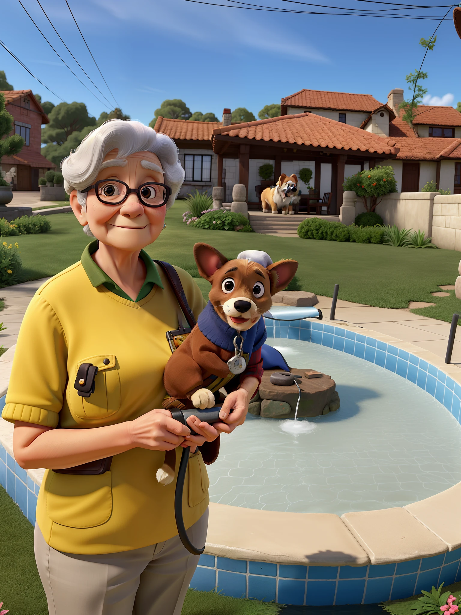 An elderly lady with a pinsher dog in her hand, Behind them a cascade of water