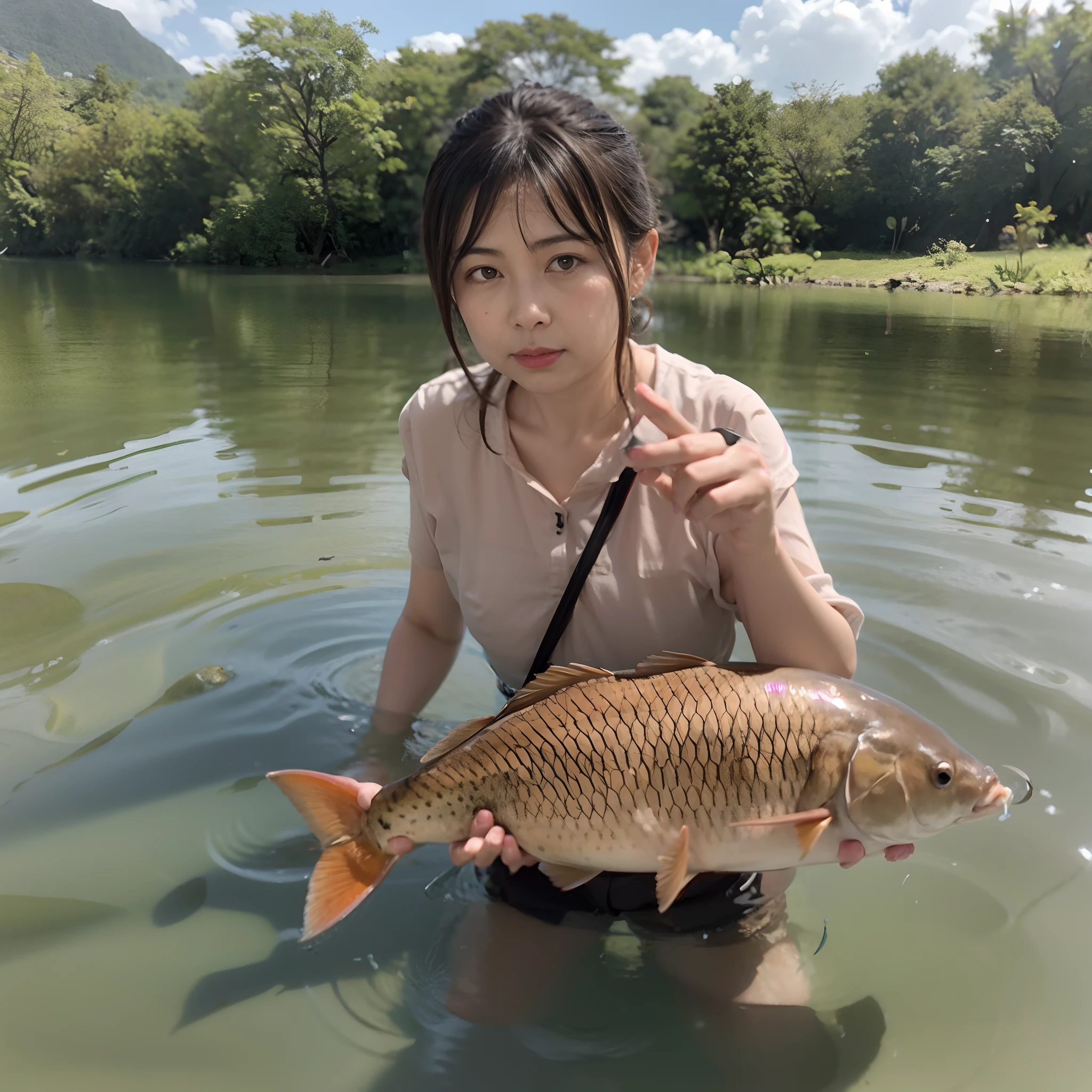 Araphedo woman holding a fish in a body of water, fish in the background, wenfei ye, 奈良美智, xintong chen, 🦩🪐🐞👩🏻🦳, chiho, Sui Ishida, 8K)), 🚿🗝📝, by Yang J, 24MP