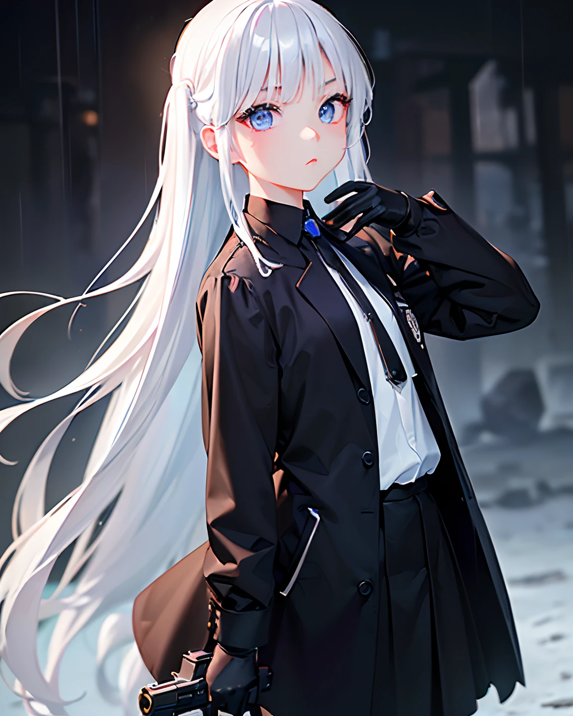 #quality (Highest Quality,masutepiece,hight resolution,8K image quality,Perfect Anatomy,depth of fields),
#Composition (Girl pointing a gun at you),
#figura (, Cool Girl、tiny chest、),
#Girl face (big eye、Strong-willed and serious eyes、Blue eyes),
#Girl's hair (My hair is white、It's glossy. All-back hairstyle.),
#girl with,cloths(Wearing a black shirt,Wearing black slacks,I am wearing black gloves ),
#Girl background (The background is ruins,rain is falling),
#Girl Pose (guns,Hold on to the Glock,),
#Girl's emotions (agitation,confusion,)