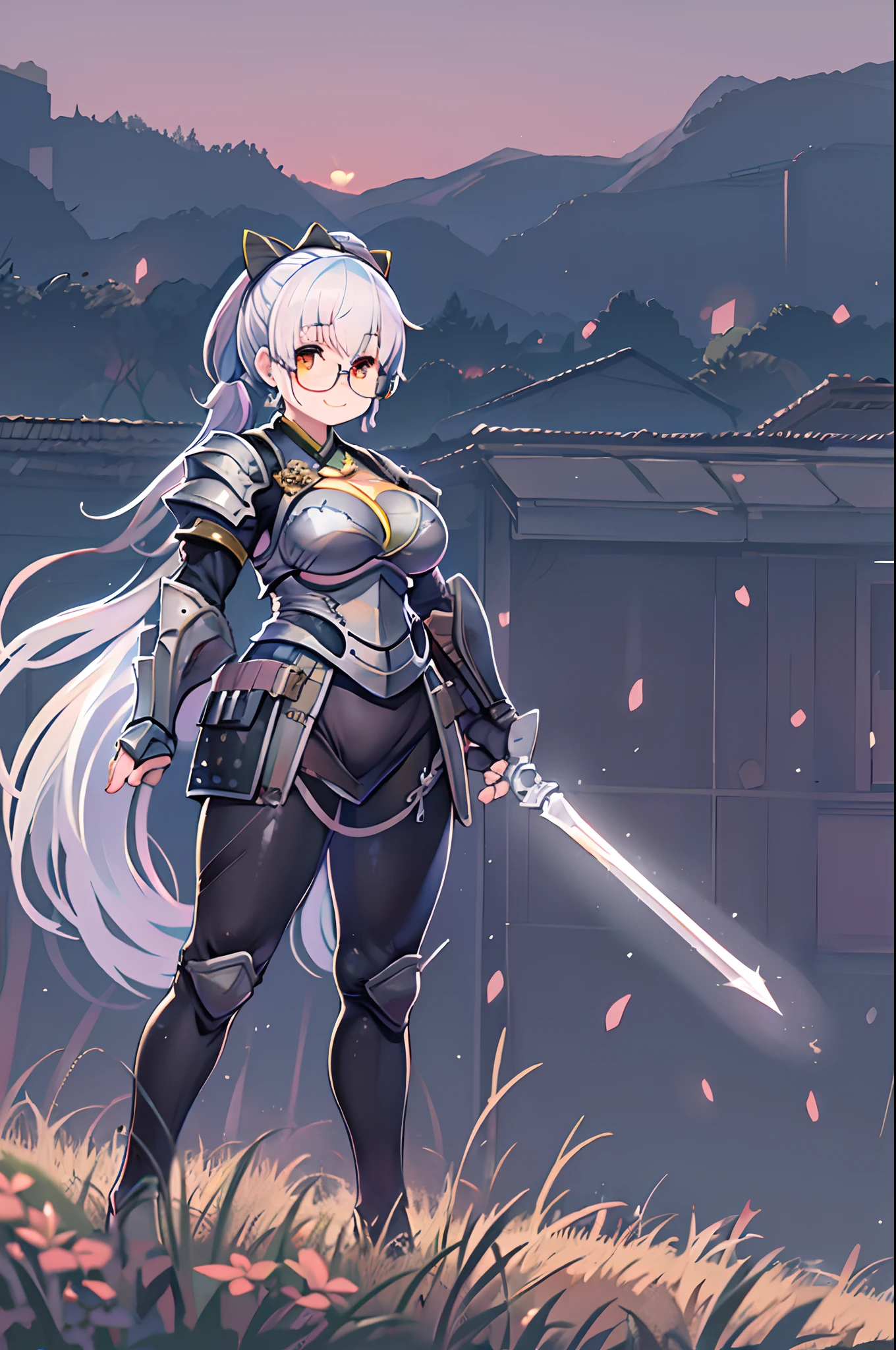 Ayaka, Solemn knight with a ponytail, Wearing glasses、white  hair, Standing in the middle of field background, Add a touch of night armor(0.7) To her charm. She has a charming smile with medium breasts and hair accessories