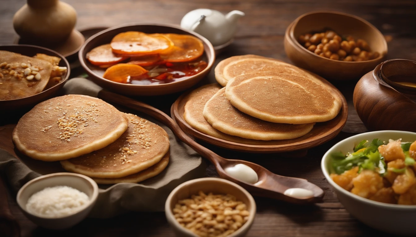 On a wooden table are a lot of tempting Chinese sesame pancakes
