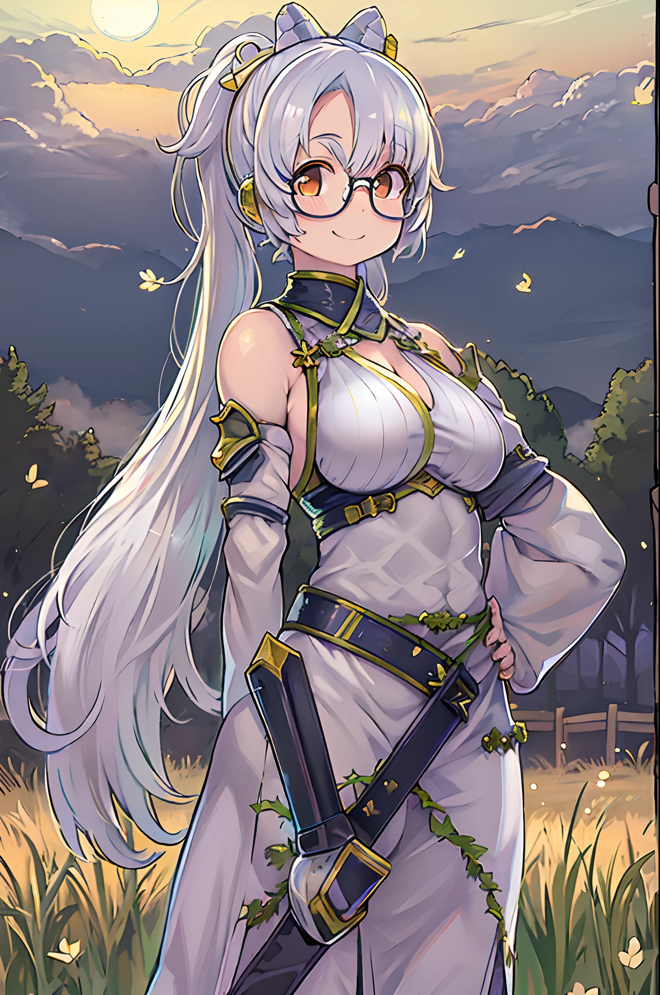 Ayaka, Solemn knight with a ponytail, Wearing glasses、white hair, Standing in the middle of field background, Add a touch of night armor(0.7) To her charm. She has a charming smile with medium breasts and hair accessories