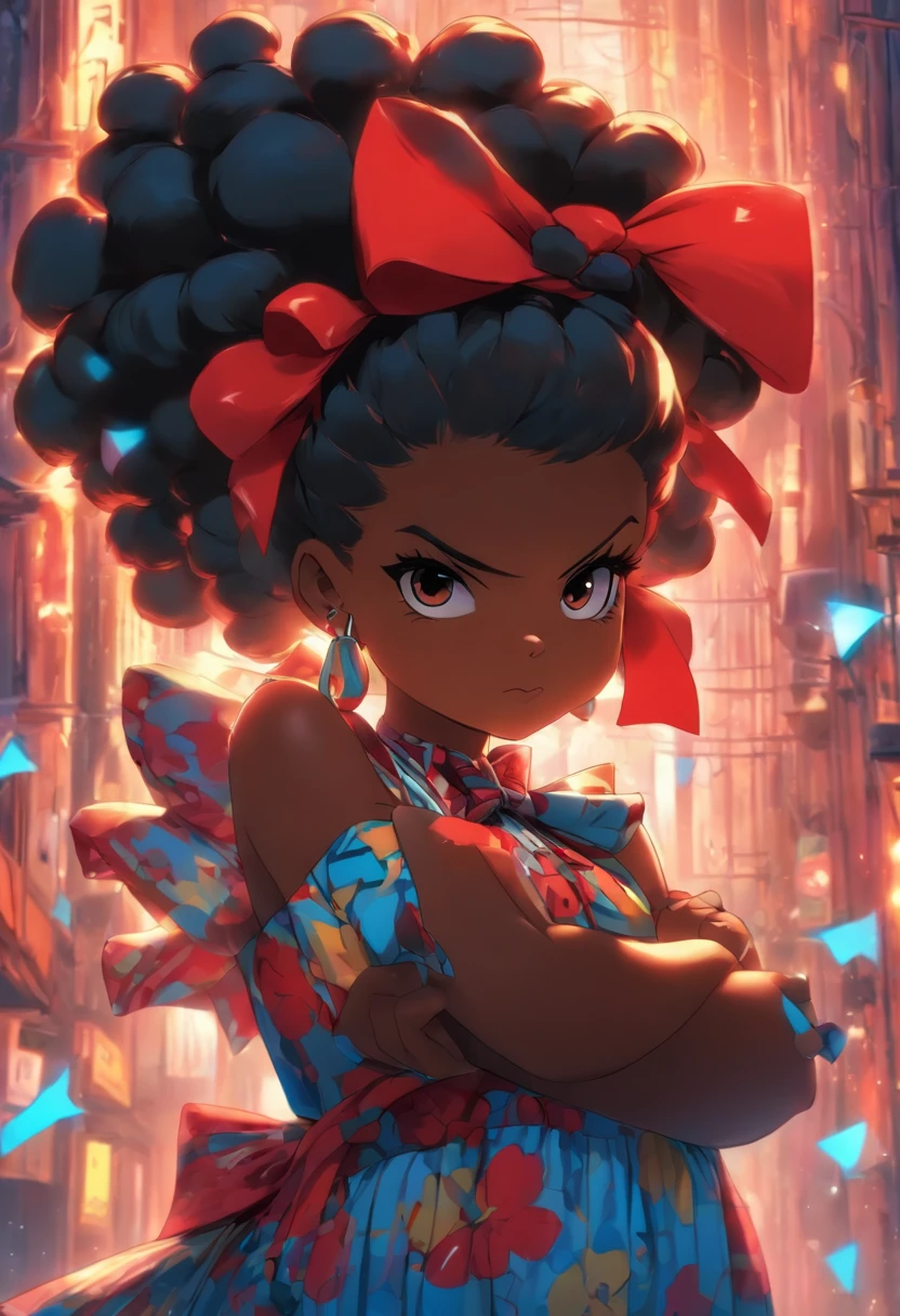 Menina gorda, menina obesa, standingn, menina afro, Black braids wearing a single red bow on the head, vestindo vestido todo azul, pele muito escura, sorriso timido, segurando uma bolsa amarela,