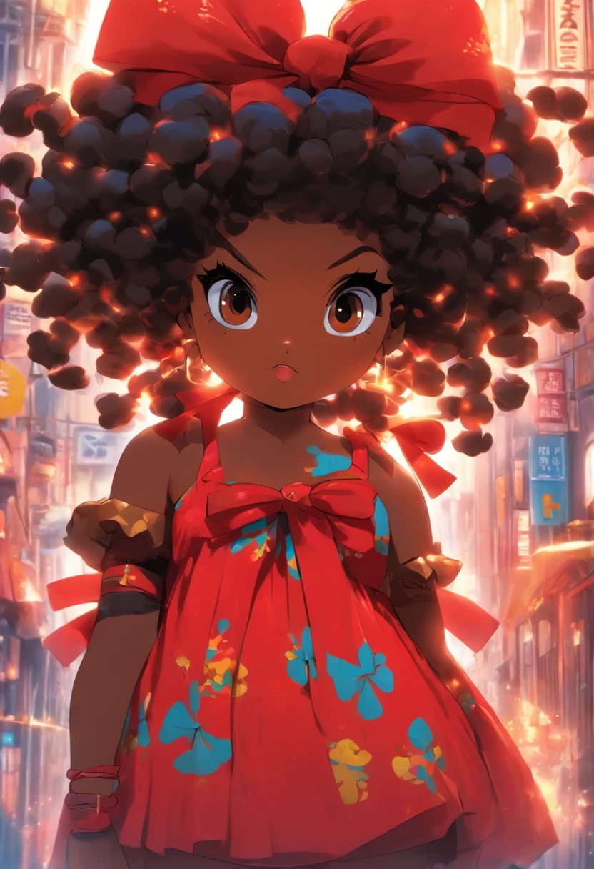 gorda, menina, standingn, menina afro, braids wearing a single red bow on the head, vestindo vestido todo azul, pele muito escura, sorriso timido, segurando uma bolsa amarela,
