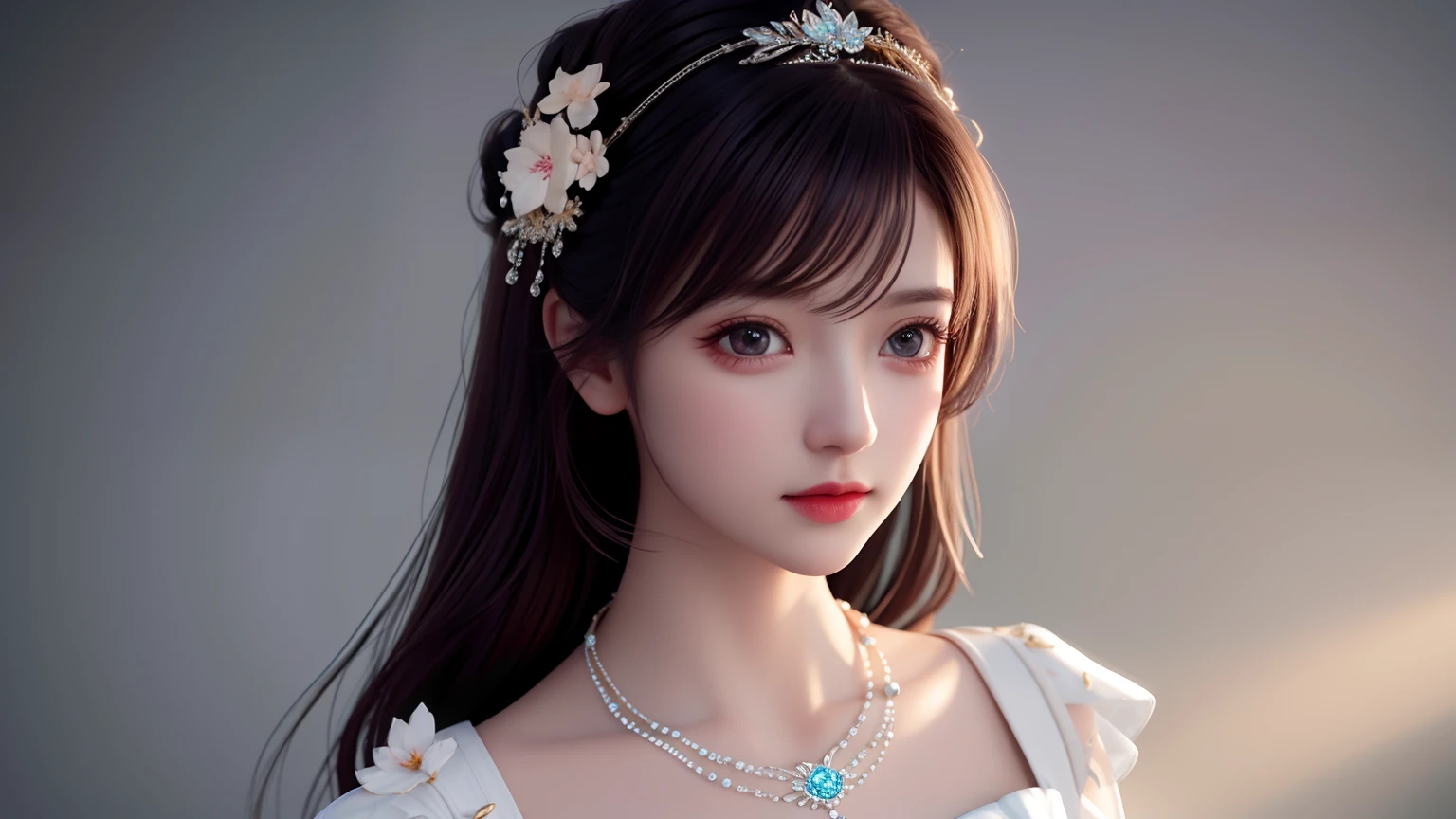 Best quality, masterpiece, high resolution, 1girl, porcelain dress, hair accessories, necklace, jewelry, beautiful face, on the body, Tyndall effect, realistic, dark studio, edge lighting, two-tone lighting, (high detail skin: 1.2), 8k UHD, dslr, soft light, high quality, volumetric light, candid, photo, high resolution, 4k, 8k, background blur,