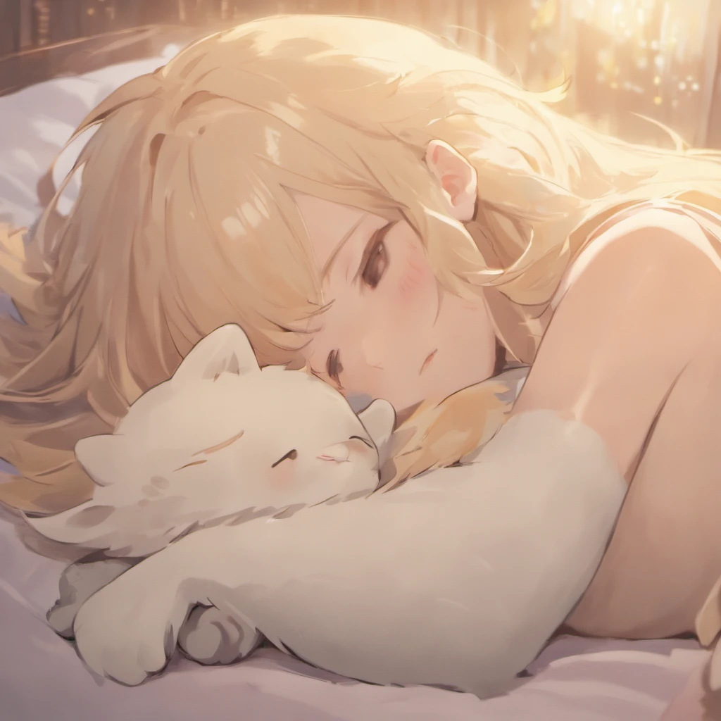 (Best quality, A high resolution),A white kitten curled up in sleep,Endearing,hairy pubic,with its soft fur,Peaceful,cozily,Meticulous details,Cute little paws,serene,comfortable,Quiet,blissful,Vivid colors,Gentle lighting