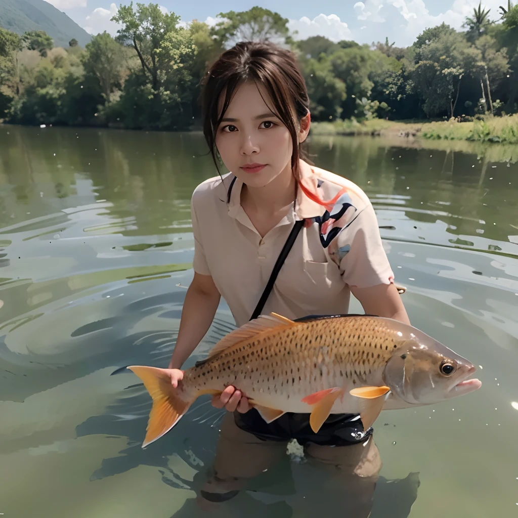 Araphedo woman holding a fish in a body of water, fish in the background, wenfei ye, 奈良美智, xintong chen, 🦩🪐🐞👩🏻🦳, chiho, Sui Ishida, 8K)), 🚿🗝📝, by Yang J, 24MP
