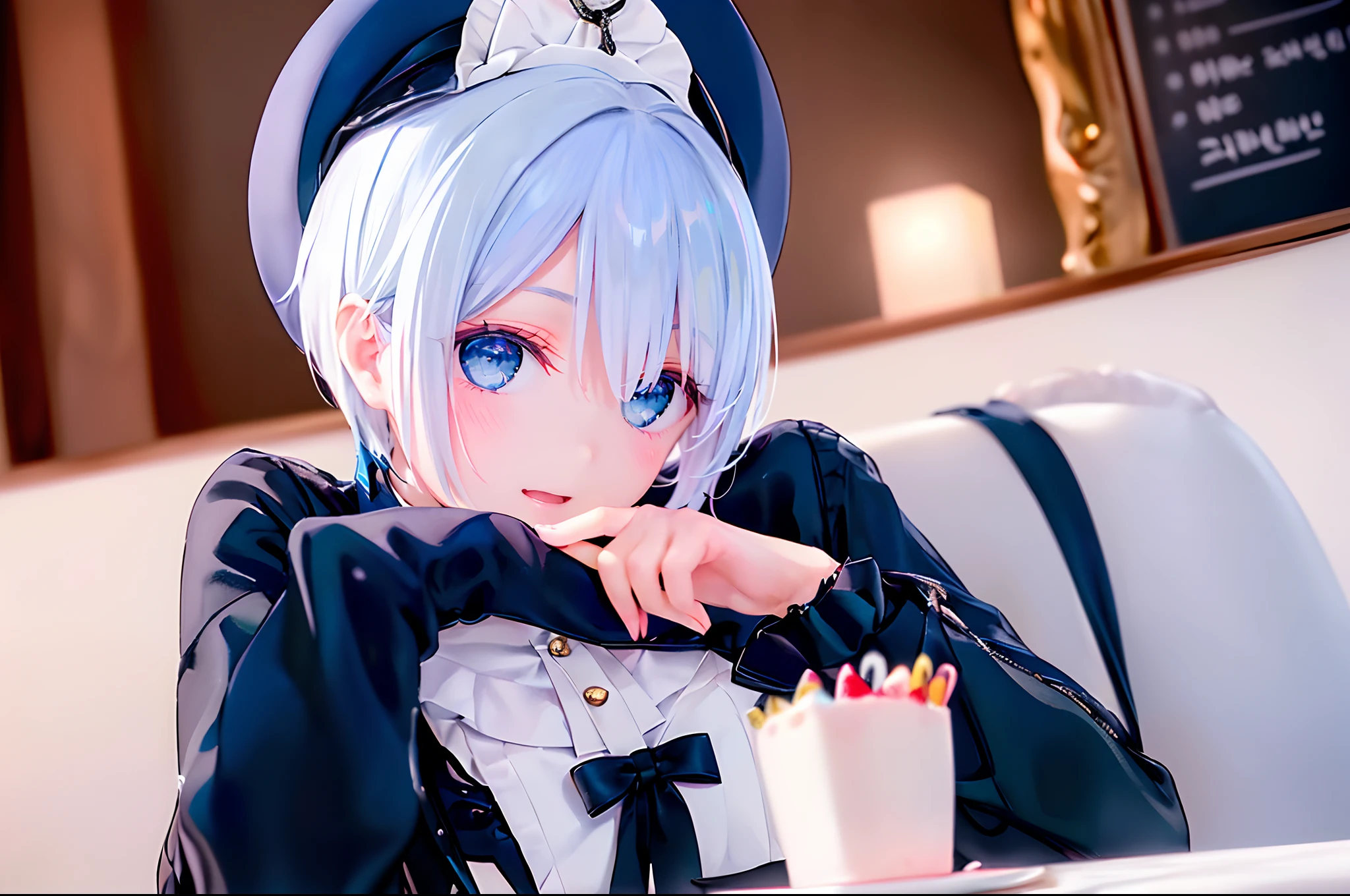 ((4K works))、​masterpiece、(top-quality)、One Beautiful Girl、Slim body、tall、((Cool gothic fashion with long sleeve long pants))、((Wearing a triangular birthday hat))、(Detailed beautiful eyes)、In a stylish English room、Birthday Party、((Face similar to Carly Rae Jepsen))、((Short-haired white hair))、((Smaller face))、((Neutral face))、((Bright blue eyes))、((American adult women))、((Adult female 26 years old))、((cool lady))、((Like a celebrity))、((joyous expression))、((Korean Makeup))、((elongated and sharp eyes))、((Happy dating))、((boyish))、((Upper body photography))、Professional Photos、(((Shot alone)))、((Solo Photography))、((She is sitting at the table))、((There is a stylish birthday cake on the table.))