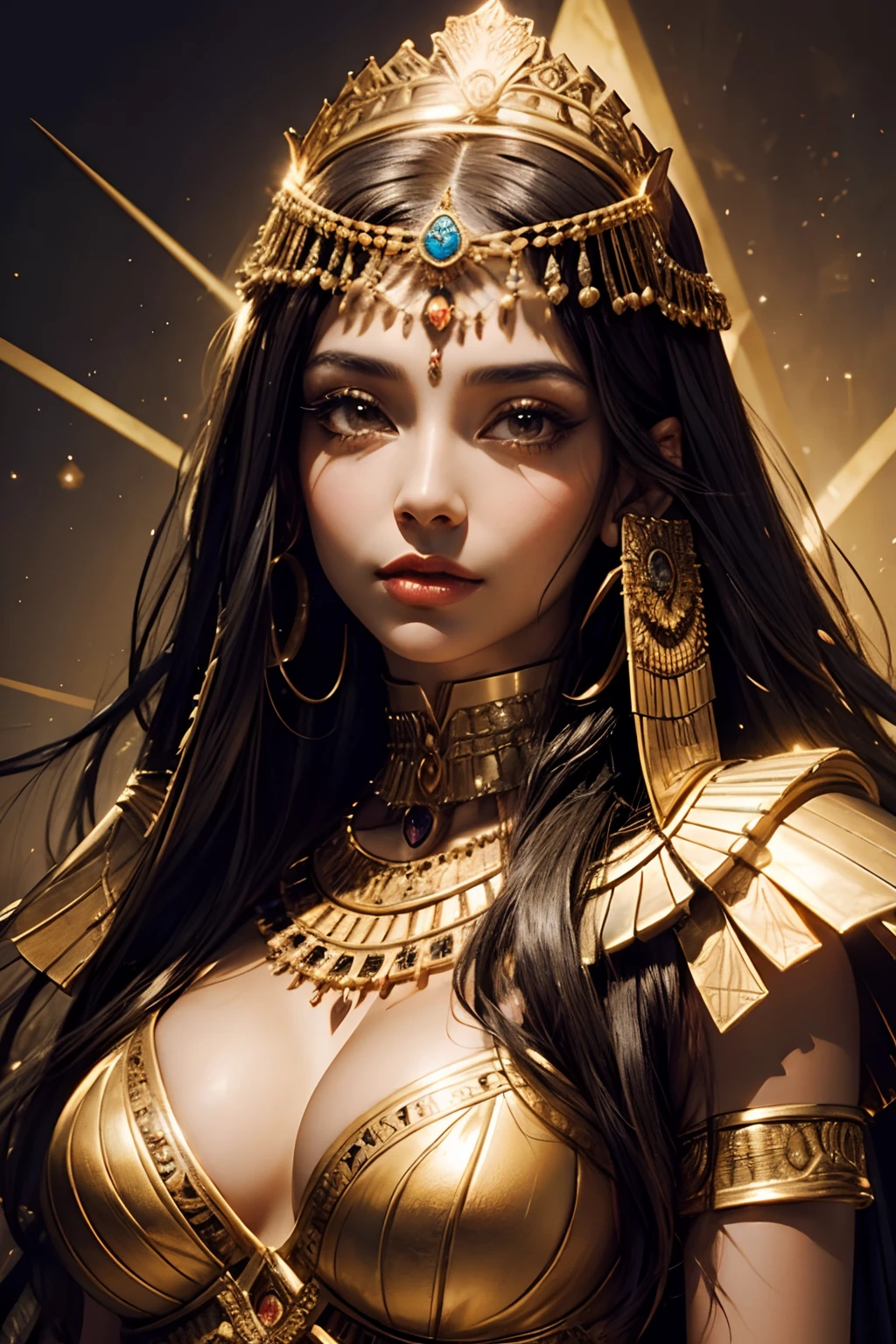 "Create a realistic and detailed portrait of Cleopatra, Iconic Egyptian Queen. Her hall々and capture the beauty, With her dark hair, mesmerizing eyes, And elegant features. Make sure she wears a stunning crown adorned with jewels, Symbolizes her status and power. The background should reflect the grandeur of ancient Egypt, Tips for pyramids and hieroglyphs. Let her aura of intelligence and charisma shine through in your artwork, Introduce her as a powerful and influential ruler."