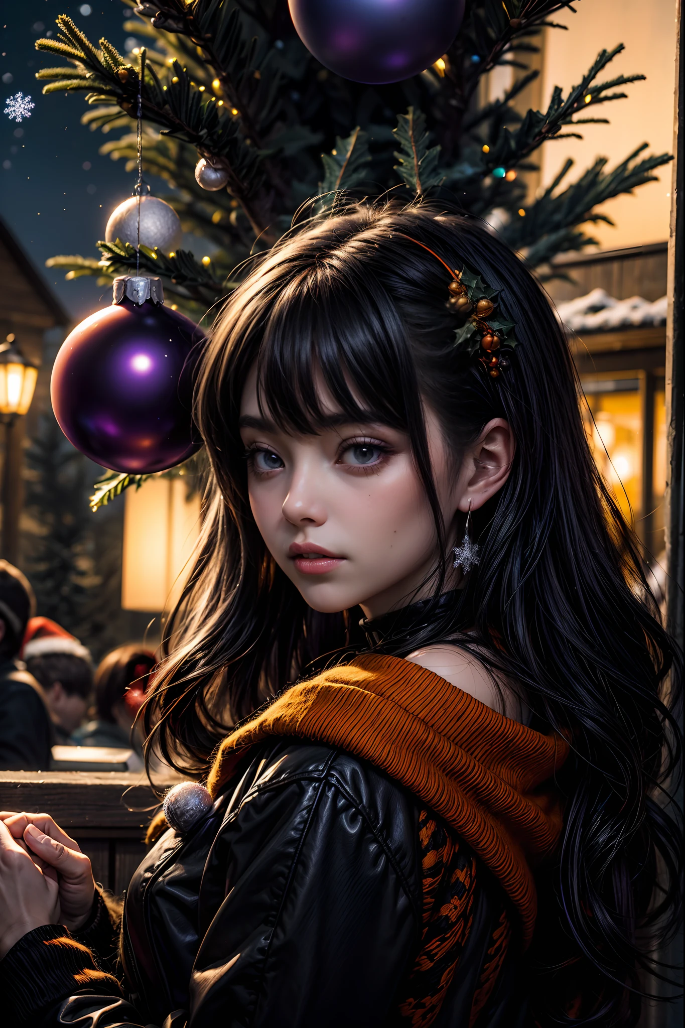 (8K, Raw photo, Best Quality, masutepiece:1.2), (Christmas scene:1.5) illuminated in a unique palette, dominant shades of (black:1.7), bright pops of (orange:1.6), and mystical undertones of (purple:1.6). Silhouetted pine trees against a deep twilight sky, orange lights twinkling on their branches. Purple-hued snowflakes gently descending, gifts wrapped in a blend of these colors under the tree, a festive twist on a traditional holiday.