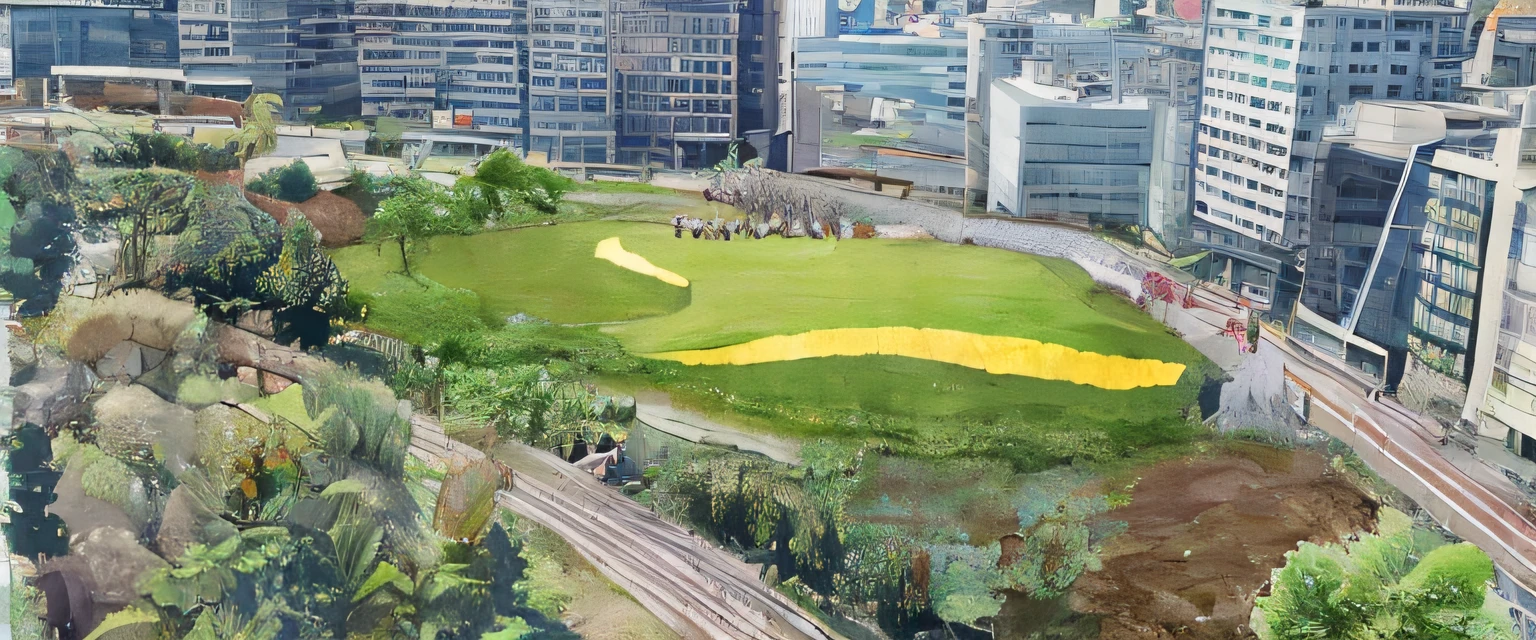 There is a green field with a yellow arrow, grass field surrounding the city, Parks and public spaces, a park, cosmology of kyoto landscape, TOKYOcty, heroine japan vivid landscape, green spaces, Sakura, [ photos realistic ]!!, nature returning to the city, sakura season dynamic lighting, by Kamisaka Sekka, kinomoto sakura