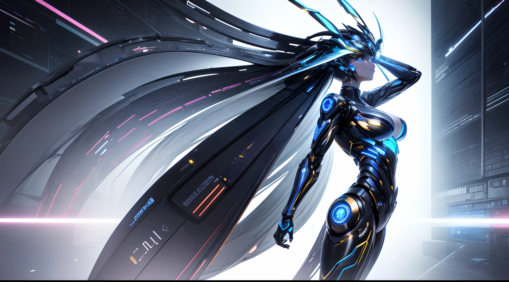 A large-scale, multi-modal model seamlessly integrated with a humanoid robot, showcasing a harmonious fusion of technology and human-like aesthetics. The model exudes a sense of power and sophistication, with intricate details, polished metallic textures, and vibrant LED lights., 8K，high definition resolution