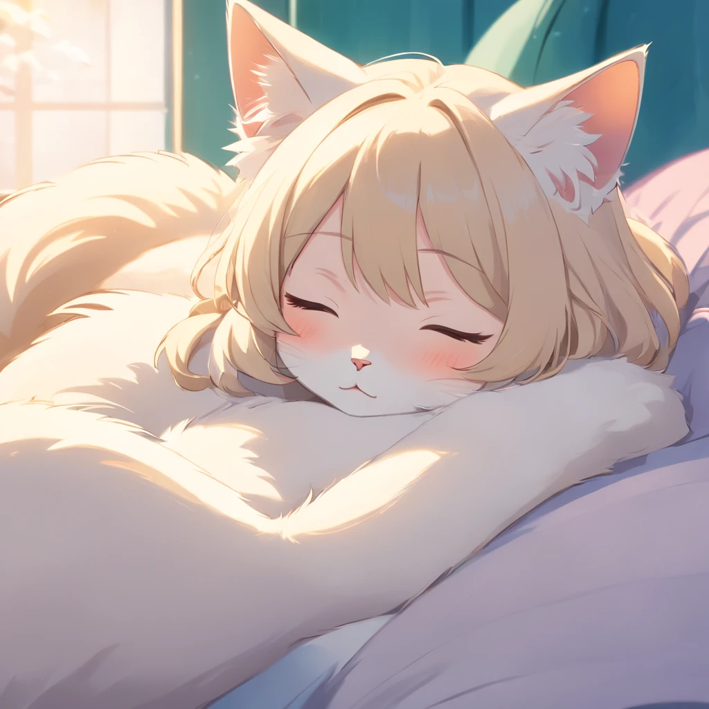 (Best quality, A high resolution),A white kitten curled up in sleep,Endearing,hairy pubic，with its soft fur,Peaceful,cozily,Meticulous details,Cute little paws,serene,comfortable,Quiet,blissful,Vivid colors,Gentle lighting