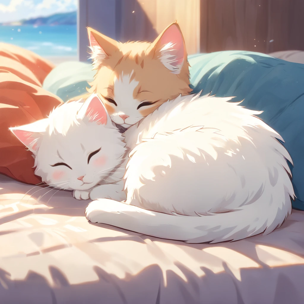 (Best quality, A high resolution),A white kitten curled up in sleep,Endearing,hairy pubic,with its soft fur,Peaceful,cozily,Meticulous details,Cute little paws,serene,comfortable,Quiet,blissful,Vivid colors,Gentle lighting