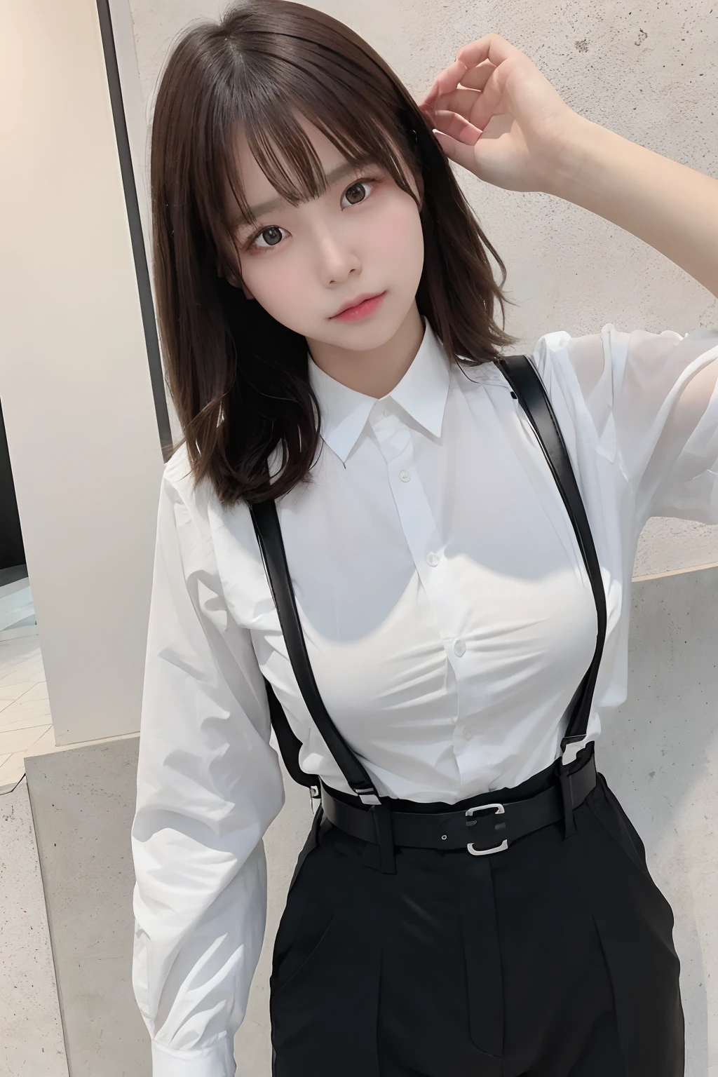 masterpiece、flat-colors、depth of fields、lens flare 1 girl、、Brown hair、watching at viewers a belt black suspenders Social OL Too large breasts Armpit sweat perspiring Side of both hands walls: Black Suit Black pants, Black jacket