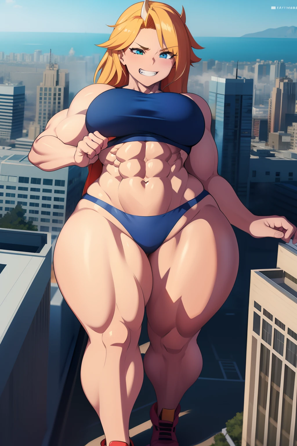 GTS, giantess, curvy, busty, grin, evil, thick thighs, abs, aerial view, walking