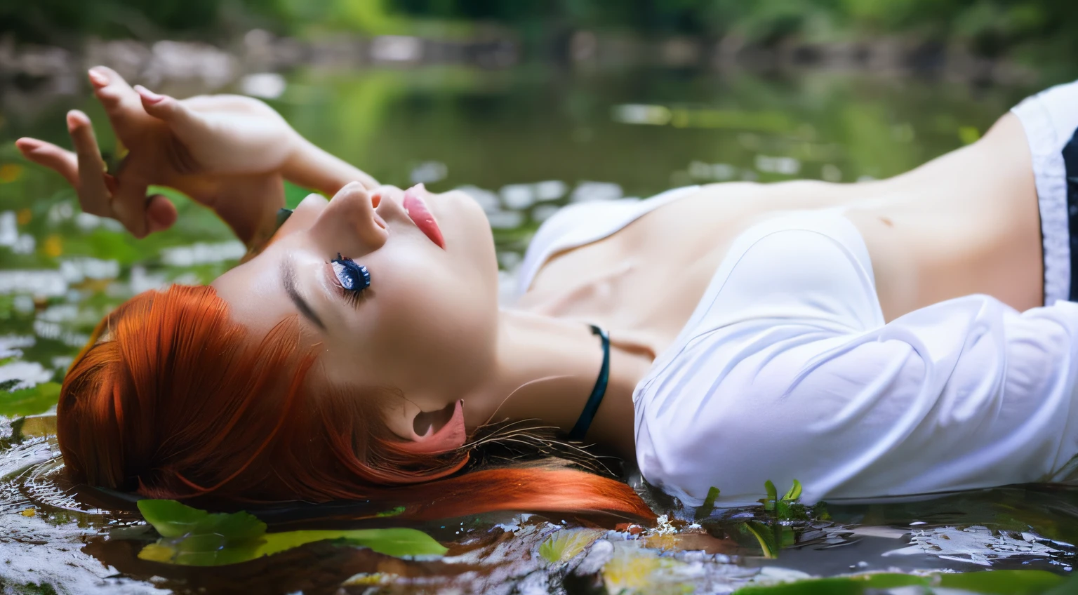 really really skinny, redhead girl, in a forest, in a lake