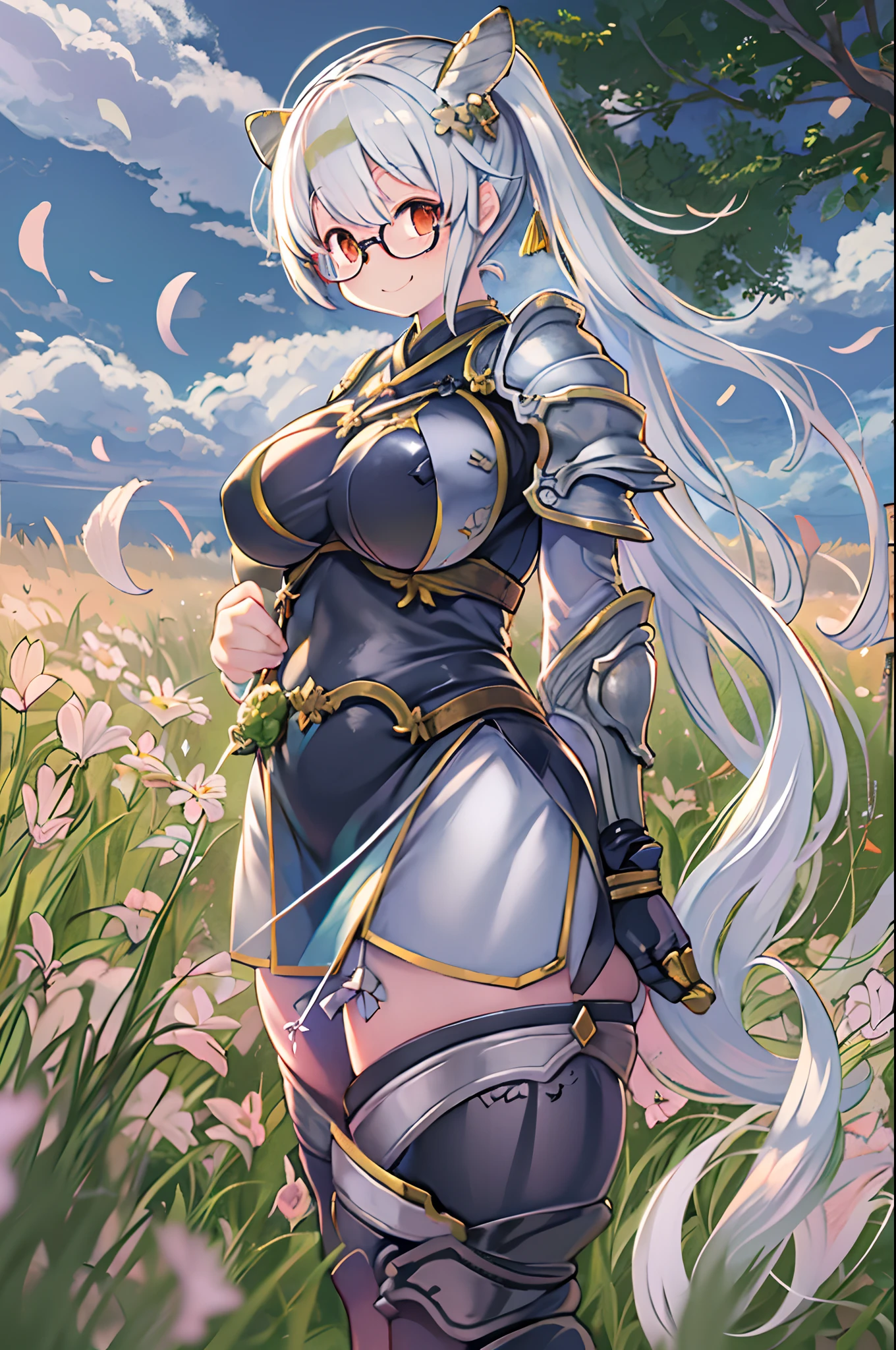 Ayaka, Solemn knight with a ponytail, Wearing glasses、white  hair, Standing in the middle of field background, Add a touch of night armor(0.7) To her charm. She has a charming smile with medium breasts and hair accessories、huge-breasted、