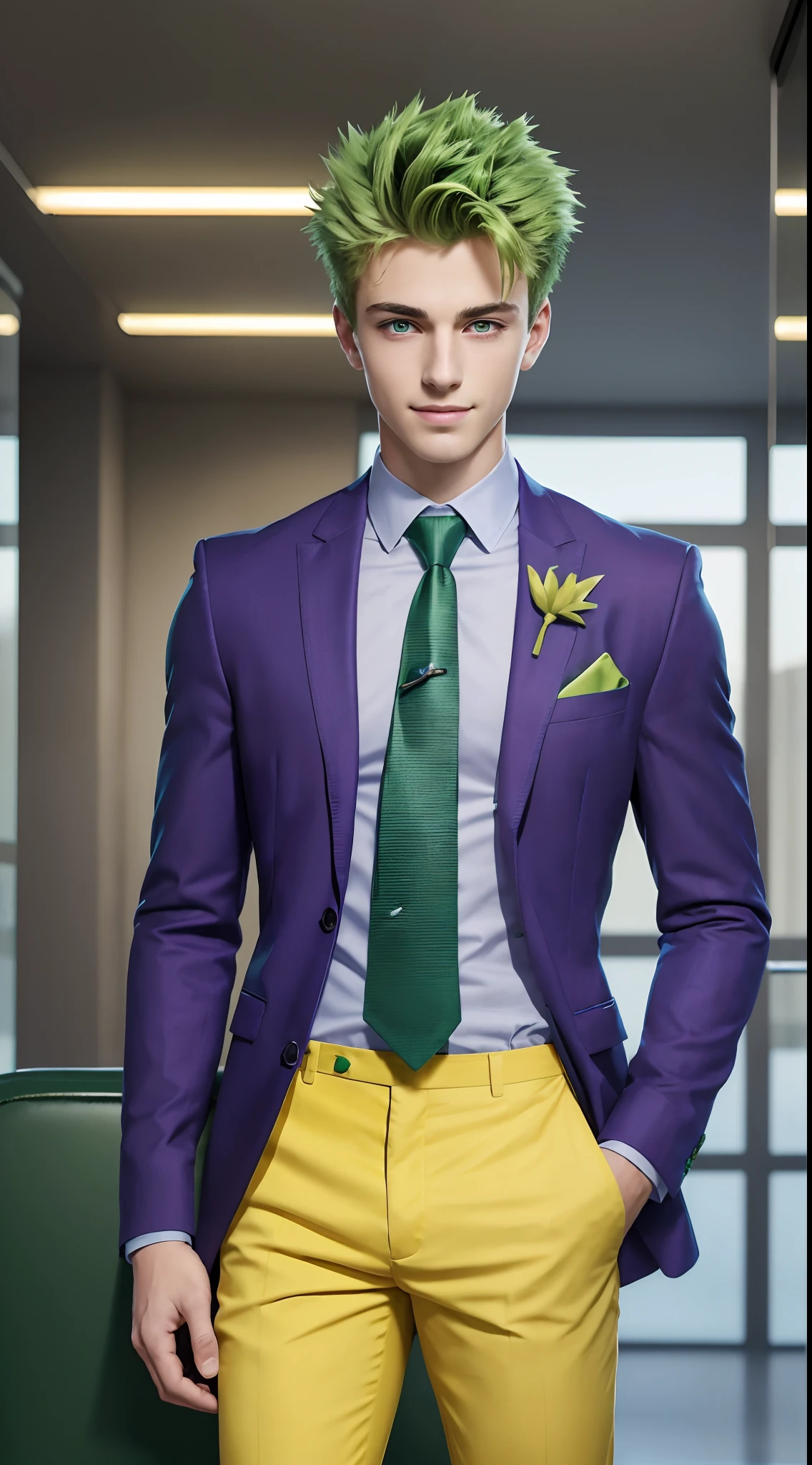 (masterpiece,8k resolution),a boy , 18 year old ,handsome, green spikey hairs, green eyes, yellow shirt with design, purple pants, blue tie with design, hands in pocket, smirk, on a ship