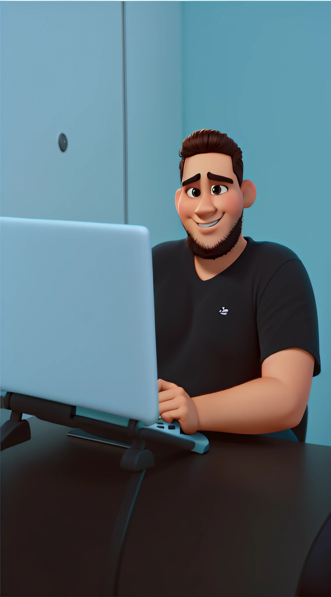 Um homem designer grafico gordinho estilo disney pixar, alta qualidade, melhor qualidade
