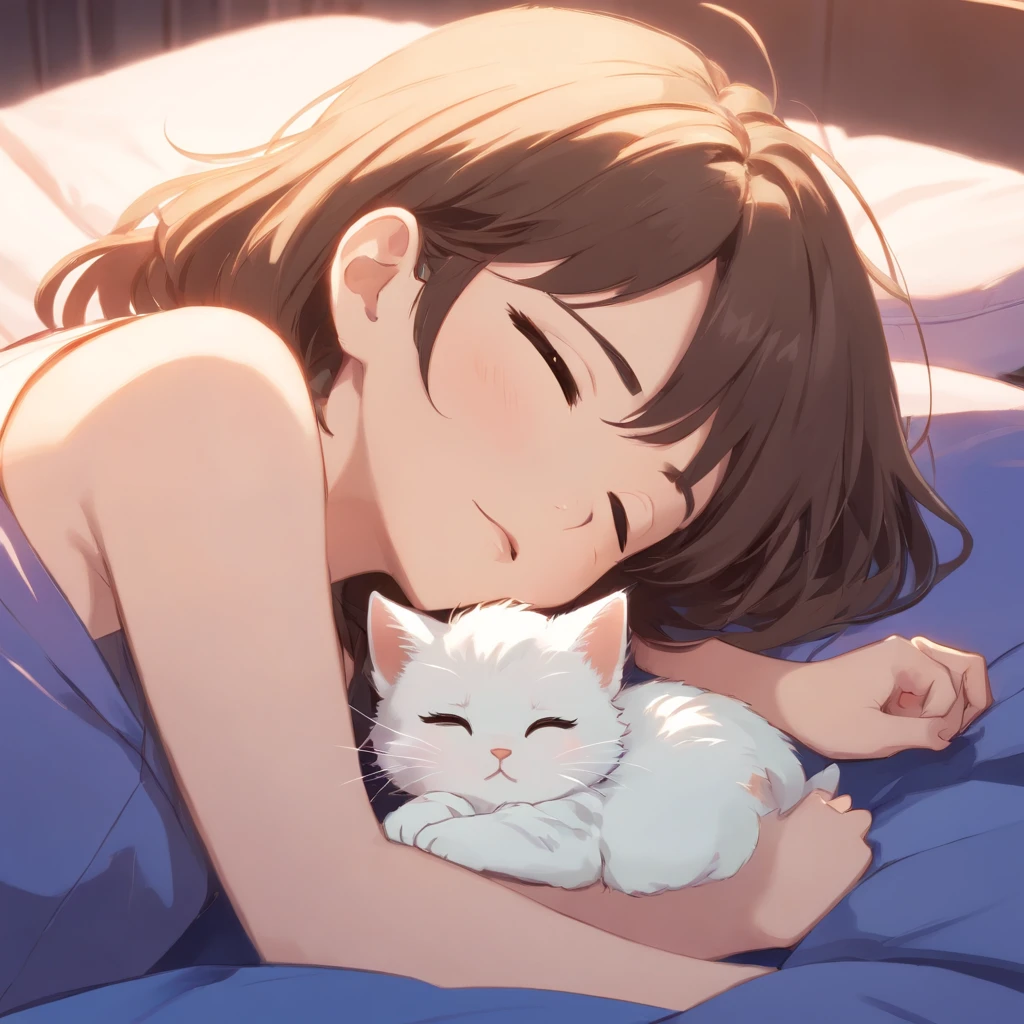 (Best quality, A high resolution),A white kitten curled up in sleep,Endearing,hairy pubic,with its soft fur,Peaceful,cozily,Meticulous details,Cute little paws,serene,comfortable,Quiet,blissful,Vivid colors,Gentle lighting