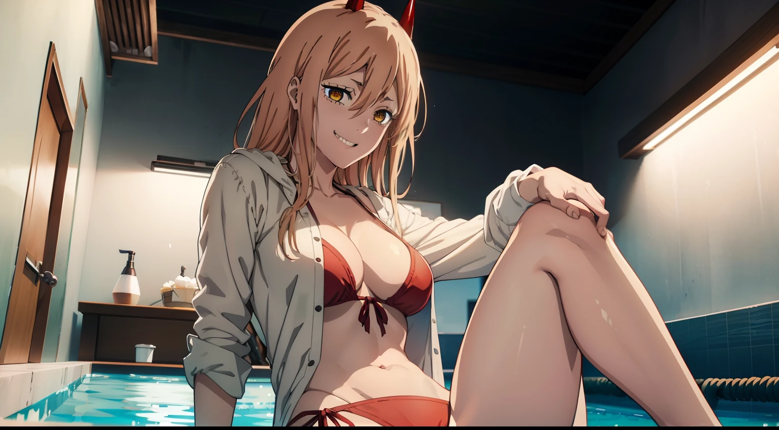swimming pool, hooligan, sitting in the pool edge, the night, Lights, looks at the viewer, ssmile, grin, criminal, laughting, shirt unbuttoned, stooping forward, handsome body(Perfect Anatomy 1.1), medium chest size, bare breasts, bathing suit, madwoman, vulgar, Erotica, half naked, beautiful breasts, waist, bare buttocks, sexy body, hight resolution, 1girl, 独奏, hairlong, blonde woman, dangerous,vivid eyes,Yellow eyes, Odin, Mesmerizing eyes,Confident,superior, naughty, (power \(chainsaw man\),), red horns, Energy from a chainsaw, Red horns on the head, Cool anime 8K, Clean and detailed anime art, 4K Manga Wallpapers, Подробный портрет Anime Girl, Anime 4K Style, Anime Art Wallpapers 4K, Anime Art Wallpaper 4K Masterpiece, Gorgeous, Best Quality,