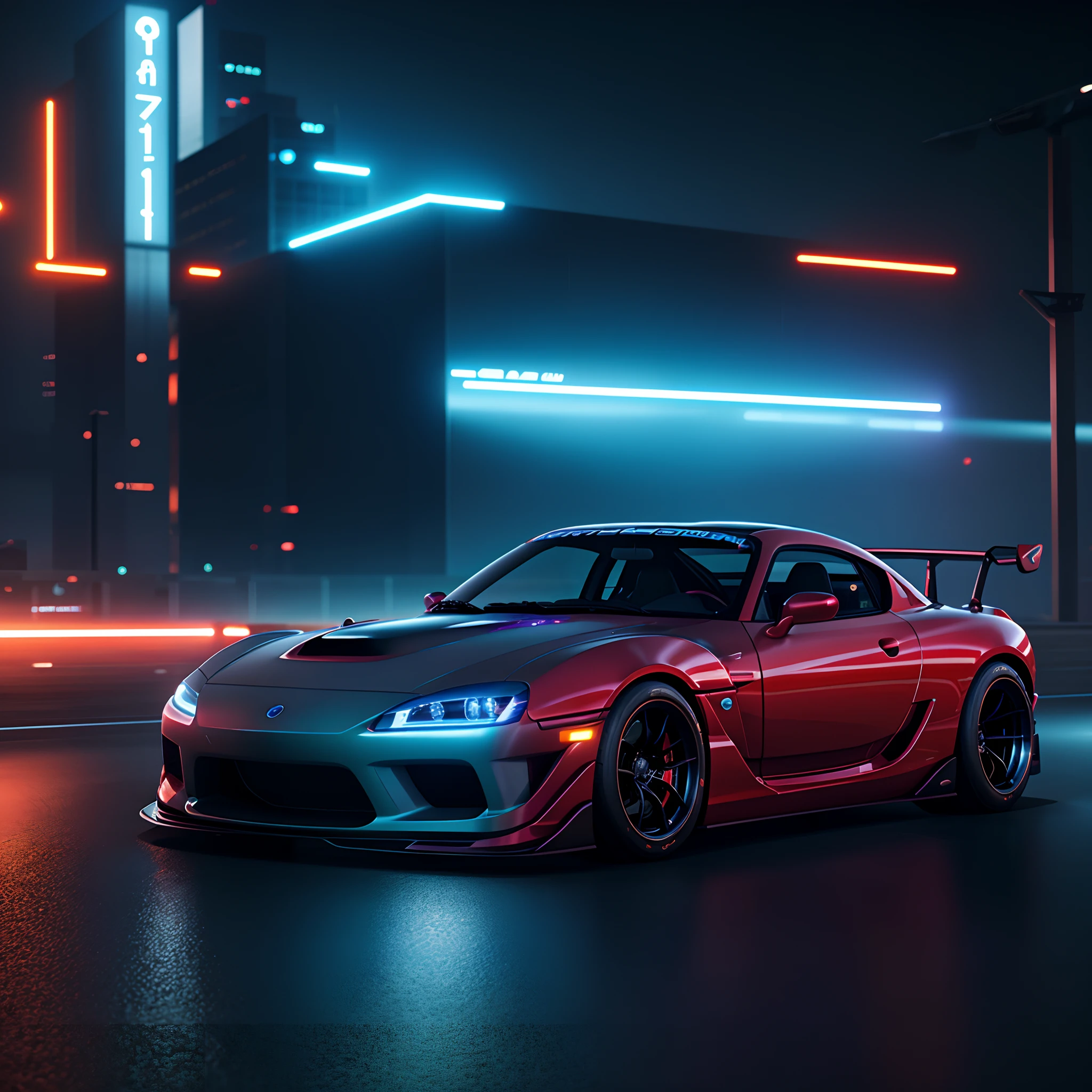 Rx7fd sports car on road, cyberpunk, futuristic, octane, rendering, cgi, global lighting, vivid colors, best quality, high detail