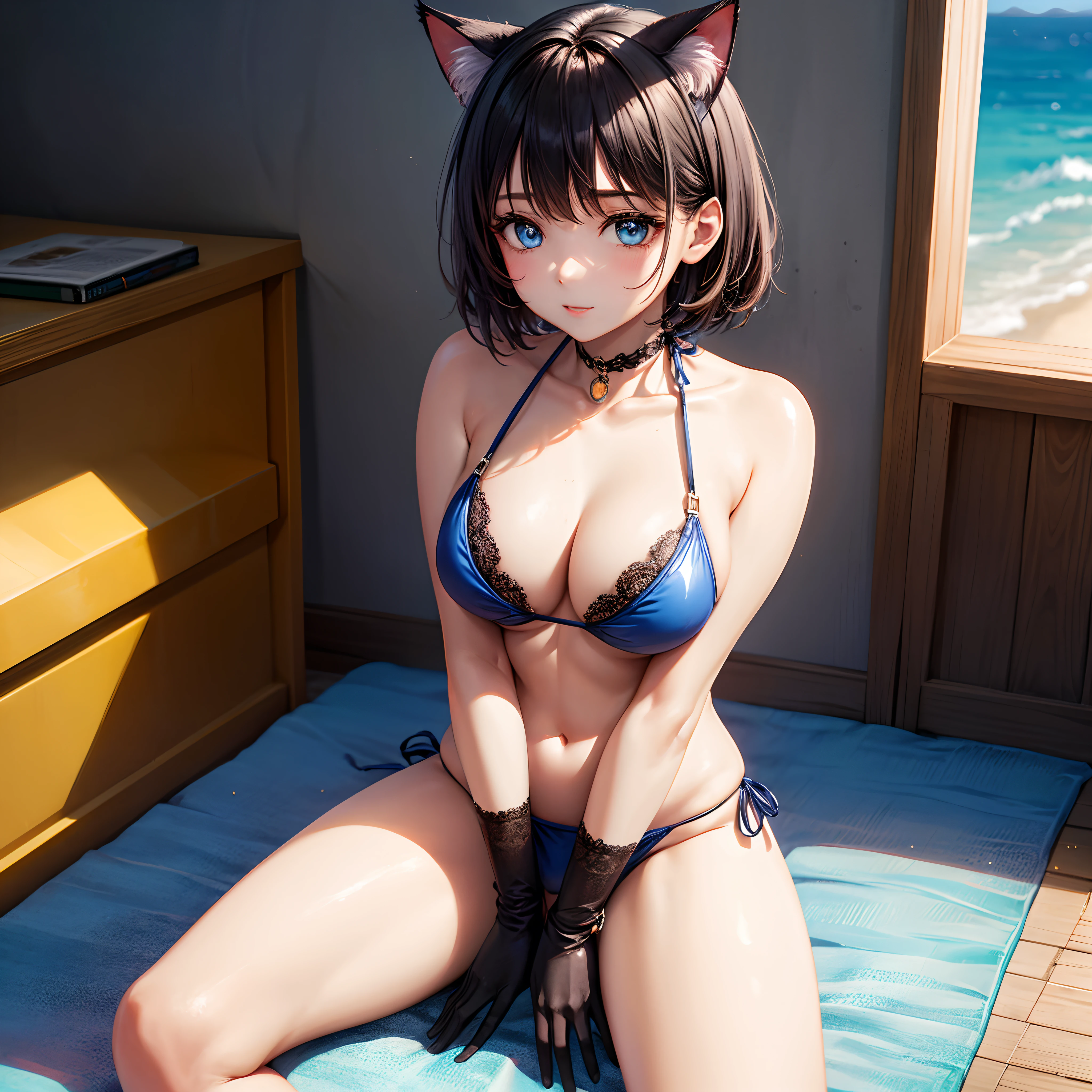 realisitic、top-quality、sit on beach、((One Woman:1.5))、black hair、short hair、cat ears、blue eyes、inside in room、orange PVC Bikini、Lace gloves、Medium chest