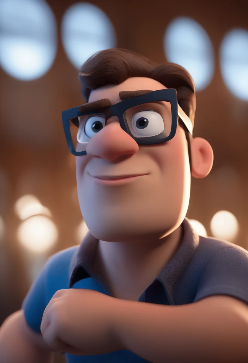 Cartoon character of a man with black glasses and a blue shirt, animation character, Caractere estilizado, animation style rendering, 3D estilizado, Arnold Maya render, 3 d render stylized, toon render keyshot, Personagem 3D, Personagem 3D, 3d rendering stylized, 3 d character render, personagem de desenho animado, Personagem de close up, Pose de personagem, (Estilo Pixar) (master part:1.2) (Bokeh) (best quality) (pele detalhada) (textura detalhada) (8k) (argila) (Cinematic lighting) (foco nítido