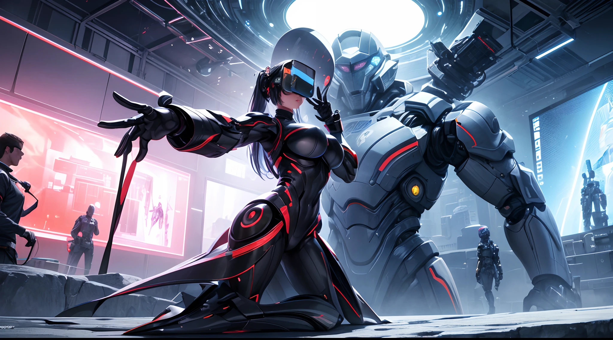 A mesmerizing display of a large-scale, multi-modal model and a humanoid robot integrated into an immersive virtual reality environment. The model and robot immerse the viewer in a digital world filled with stunning visuals, interactive elements, and futuristic interfaces..., 8K，high definition resolution